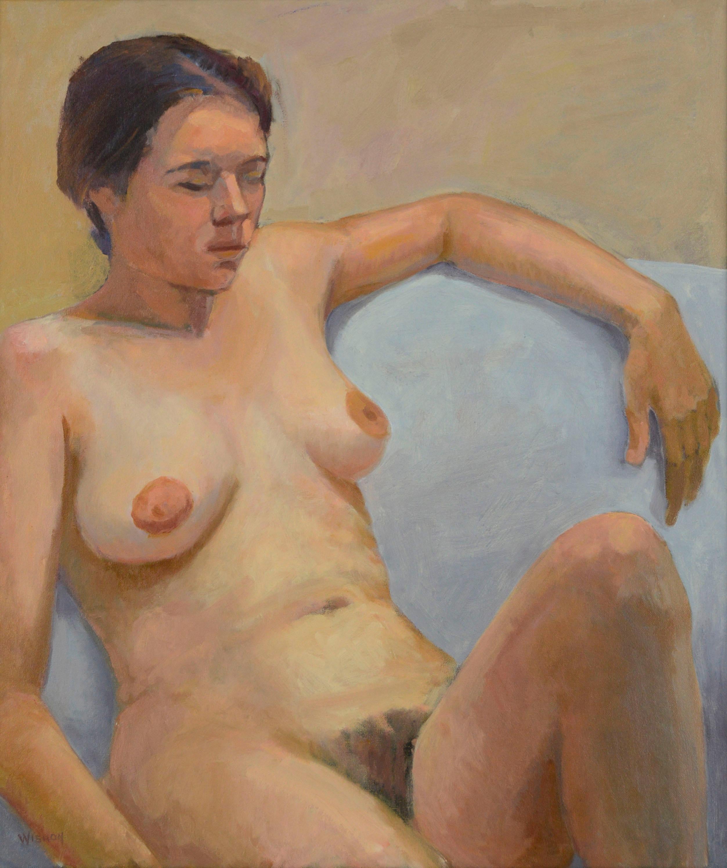 Figura femenina desnuda sentada al óleo sobre lienzo - Painting de George Wishon
