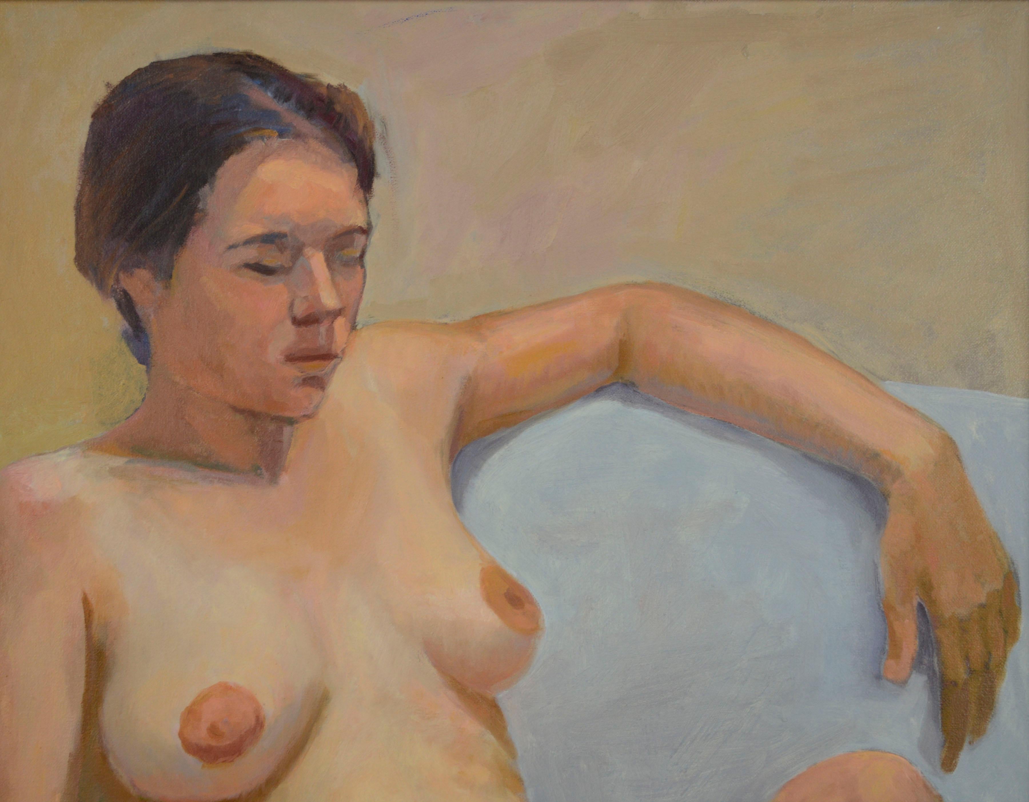 Figura femenina desnuda sentada al óleo sobre lienzo - Painting impresionista estadounidense de George Wishon