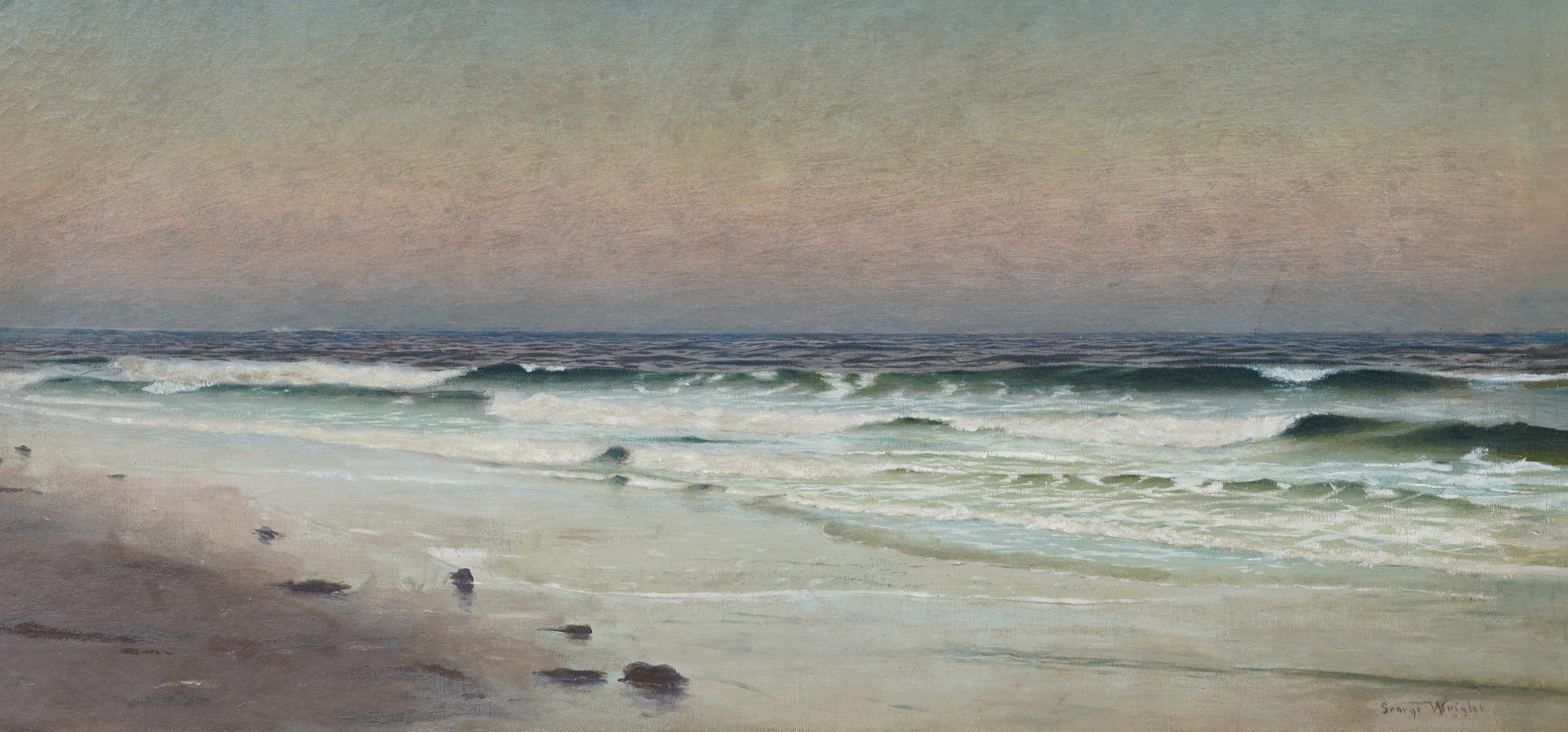 Raro e importante dipinto a olio antico di George Wright (1850 - 1916).  Una scena panoramica sulla spiaggia, con tanto di tramonto e onde che si infrangono.  Olio su tela.  Alloggiato in un  cornice d'epoca in legno dorato.   Firmato.  


Bio