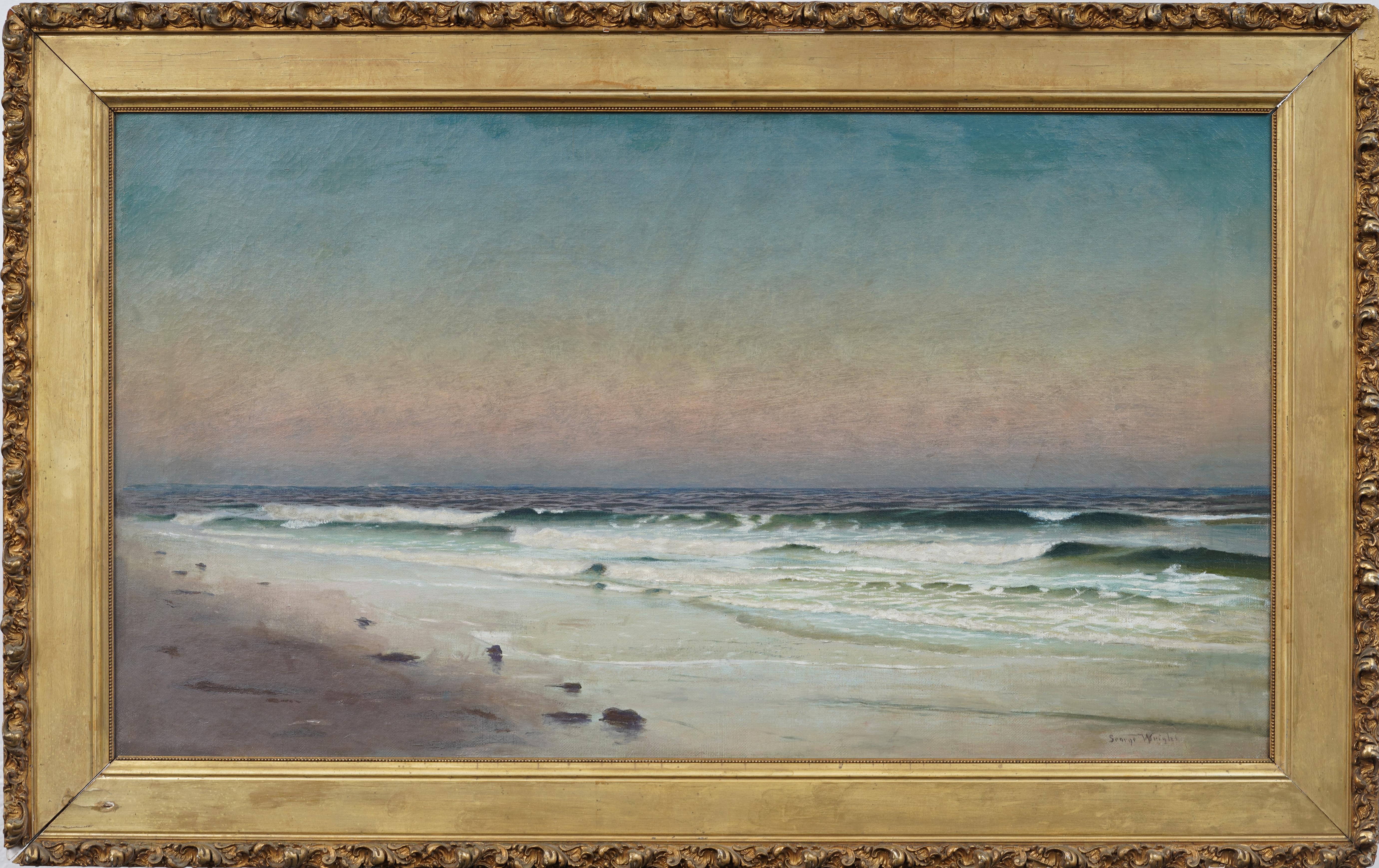 Landscape Painting di George Wright  - "Brezza della sera" grande dipinto panoramico al tramonto sulla spiaggia, raro paesaggio marino