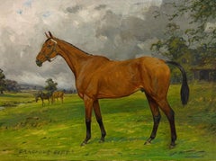 Fine British Sporting Art Oil Painting Portrait of Chestnut Horse in Landscape