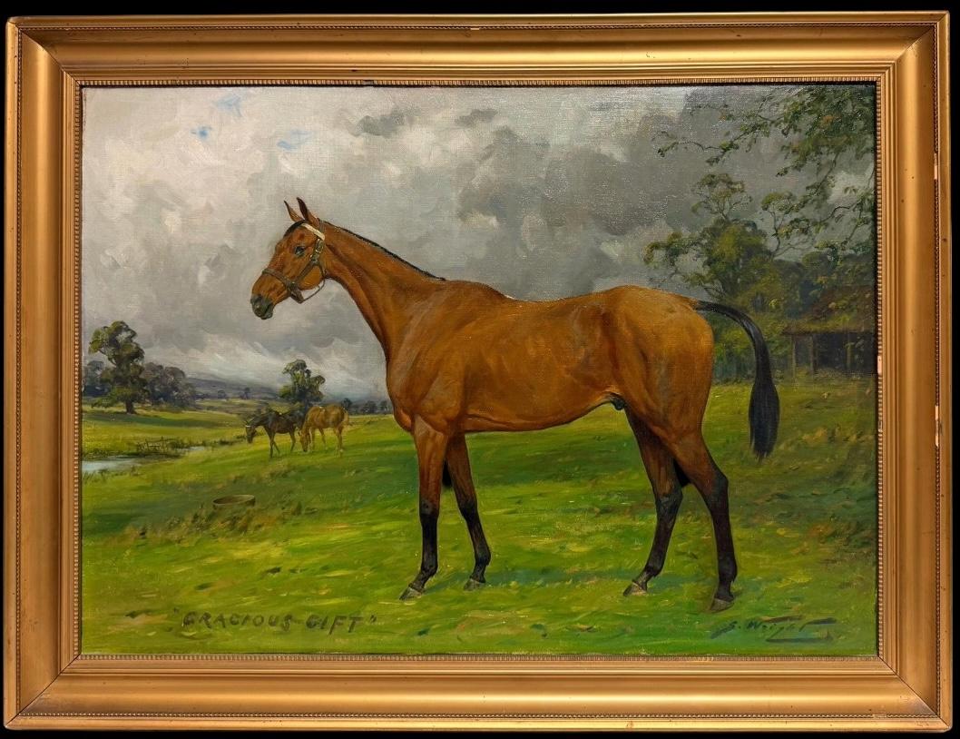 George Wright Landscape Painting - Fine British Sporting Art Oil Painting Portrait of Chestnut Horse in Landscape