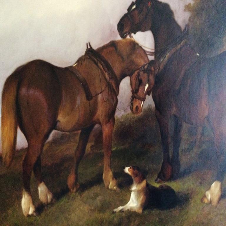 Paysage du XIXe siècle, chevaux de campagne, chiens se promenant au bord de George Wright - Maîtres anciens Painting par George Wright 