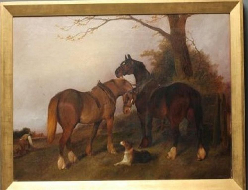 Paysage du XIXe siècle, chevaux de campagne, chiens se promenant au bord de George Wright - Marron Animal Painting par George Wright 
