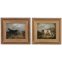 A pair of paintings of a setter and a pointer in a landscape, dated 1877