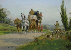 Coaching scene oil painting of a stage coach & hounds