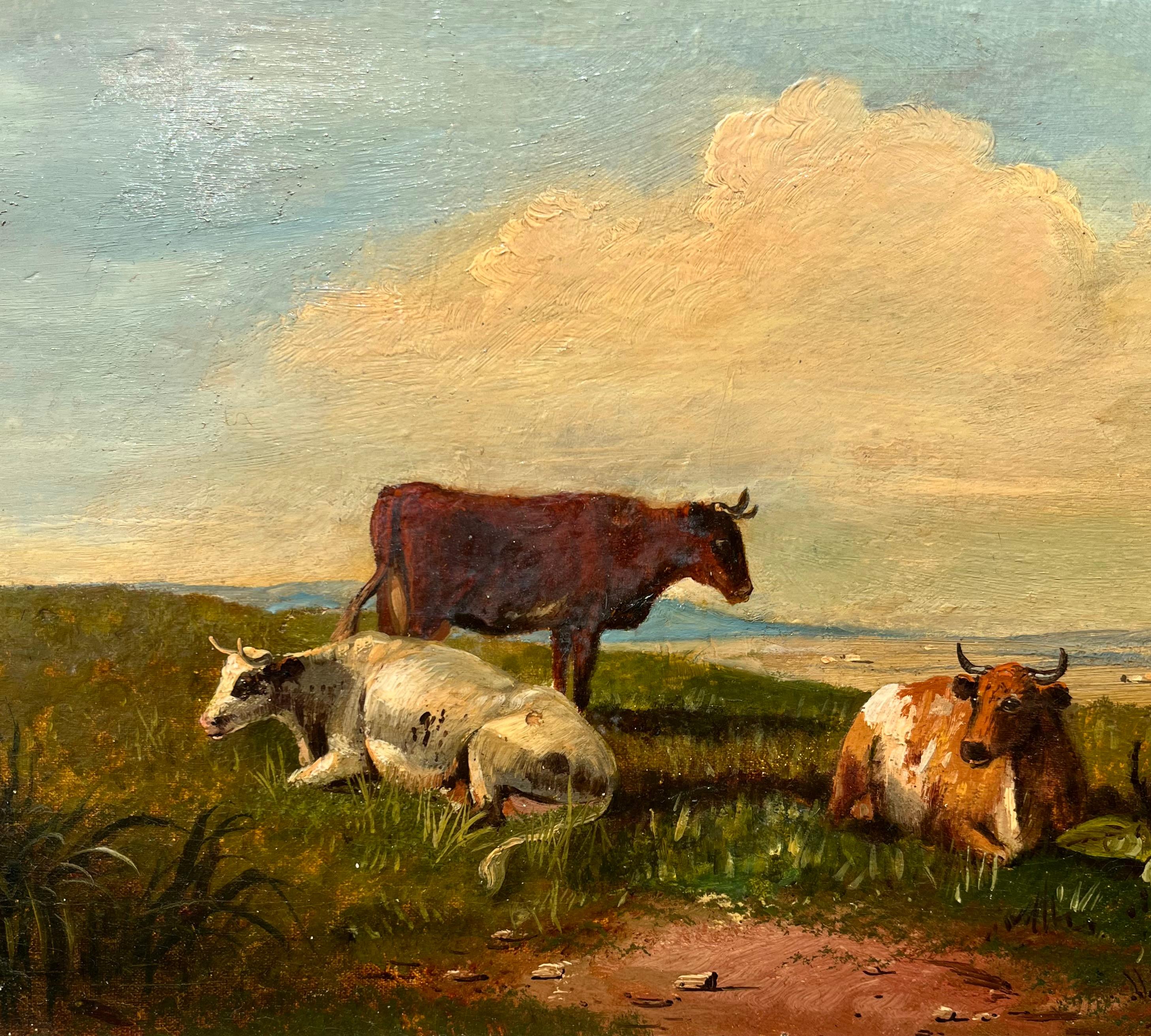 Vaches au pâturage dans un champ - Hudson River School Painting par George Wright 