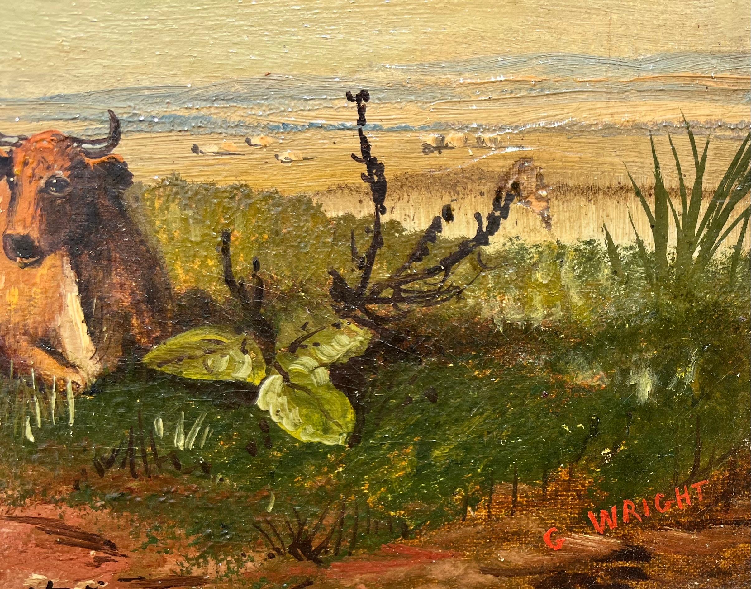 Vaches au pâturage dans un champ - Beige Landscape Painting par George Wright 