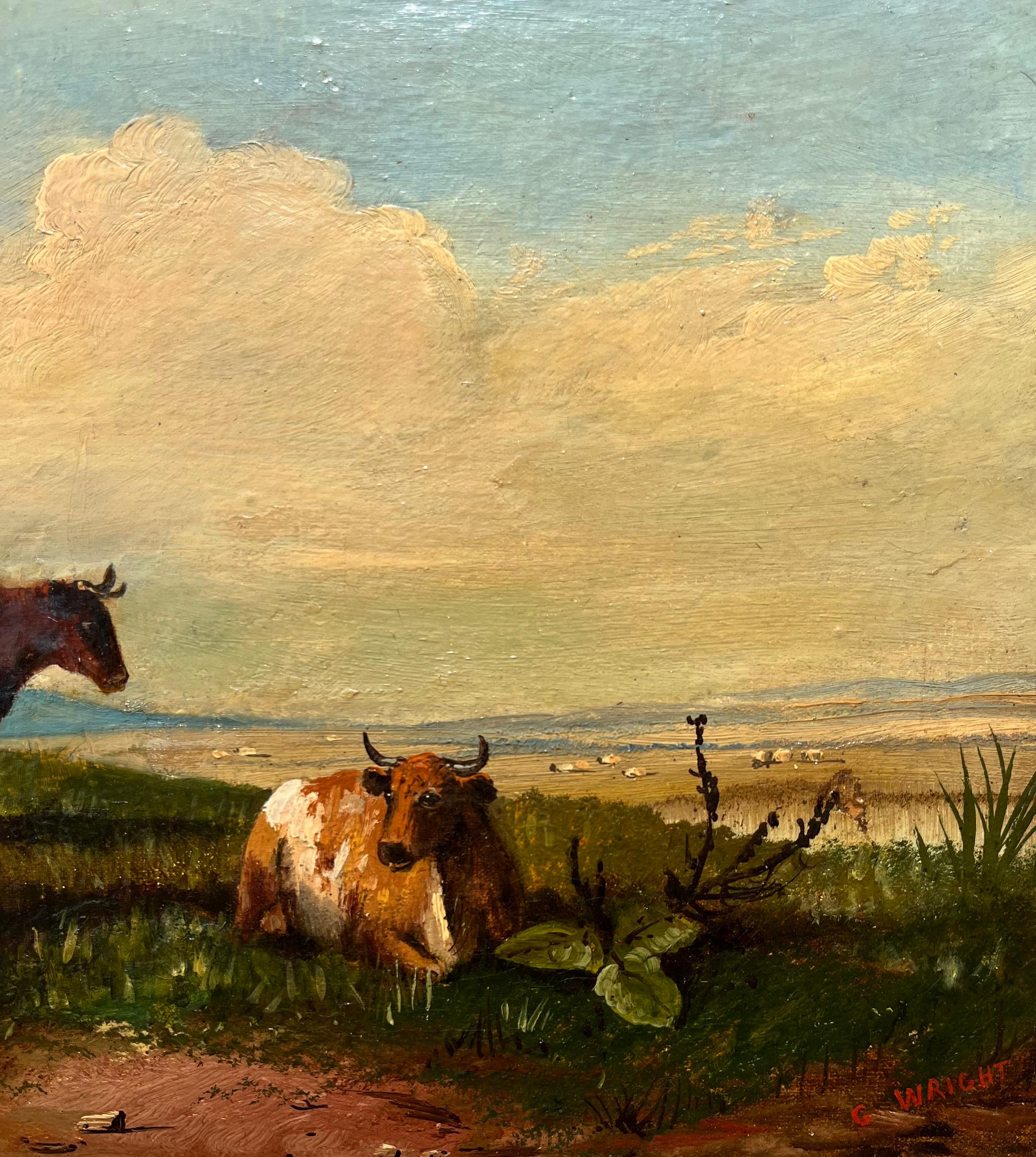 Cette peinture sereine de l'Hudson River School, réalisée par George Wright, capture un moment paisible de la vie pastorale, où trois vaches se reposent et broutent sous un ciel large et lumineux. La composition attire doucement le regard du