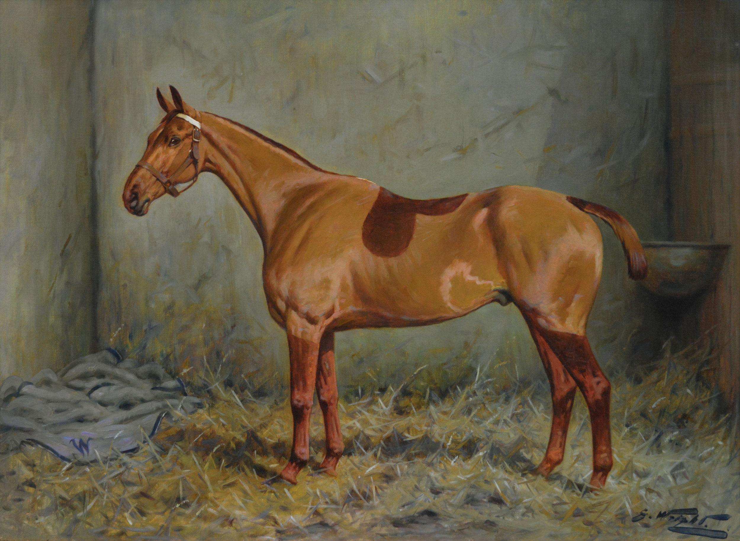 Pferdeporträt Ölgemälde eines Fuchsjägers in einem Stall – Painting von George Wright 
