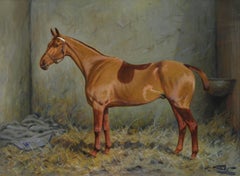 Ritratto di cavallo dipinto a olio di un cacciatore di castagne in una stalla