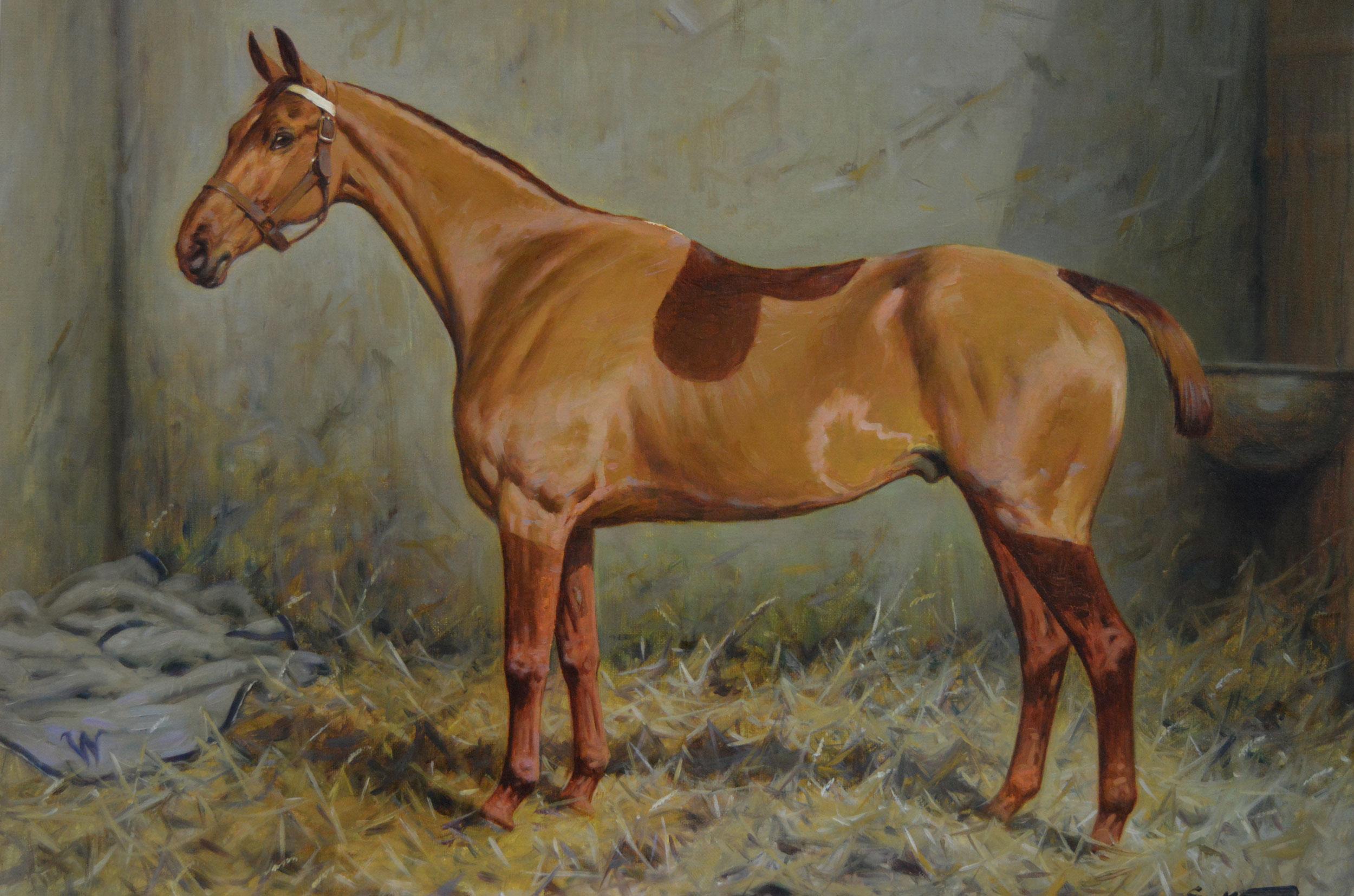 Pferdeporträt Ölgemälde eines Fuchsjägers in einem Stall (Viktorianisch), Painting, von George Wright 