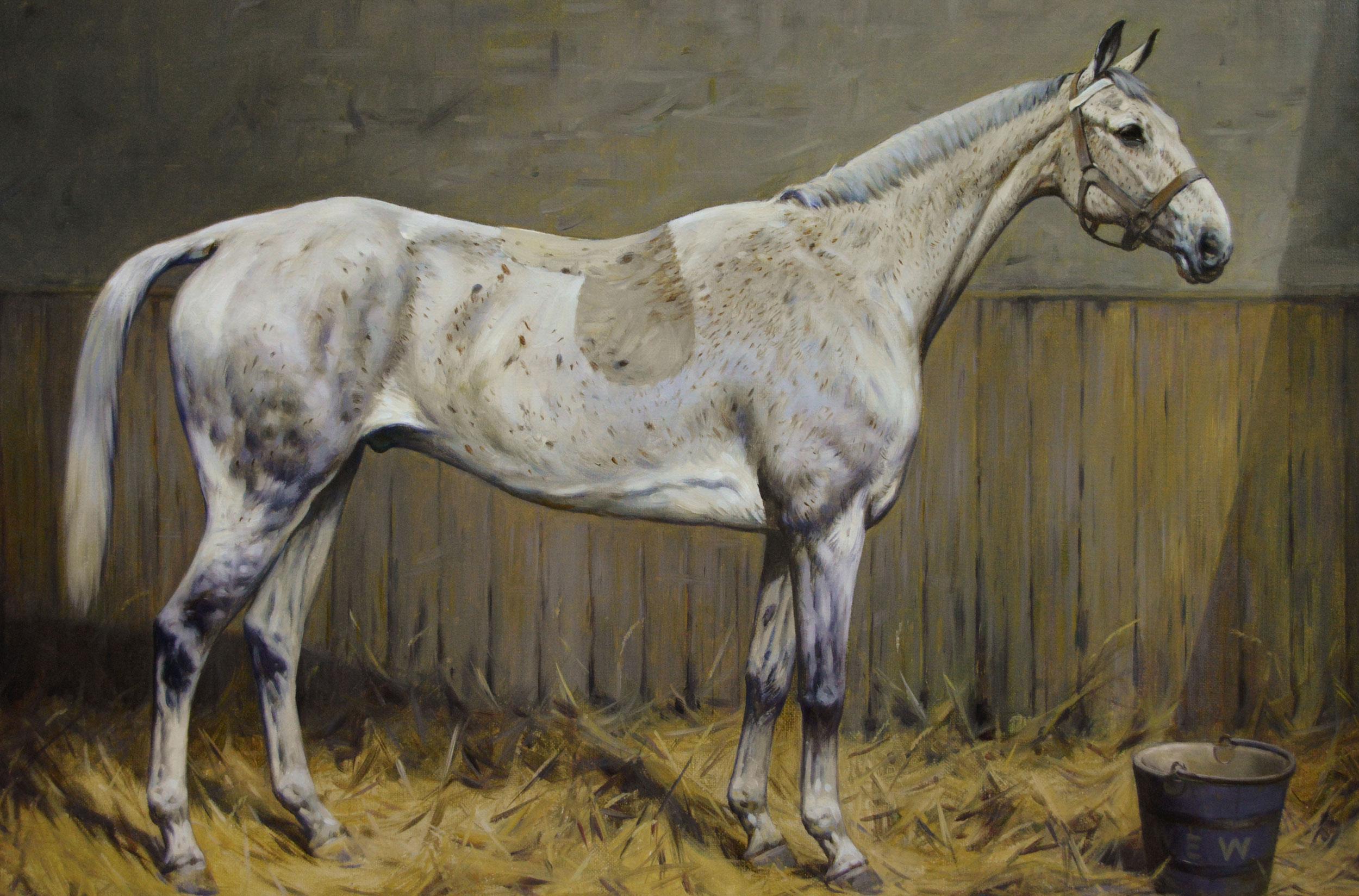 Pferdeporträt Ölgemälde eines Schimmels mit Flohbiss in einem Stall (Viktorianisch), Painting, von George Wright 