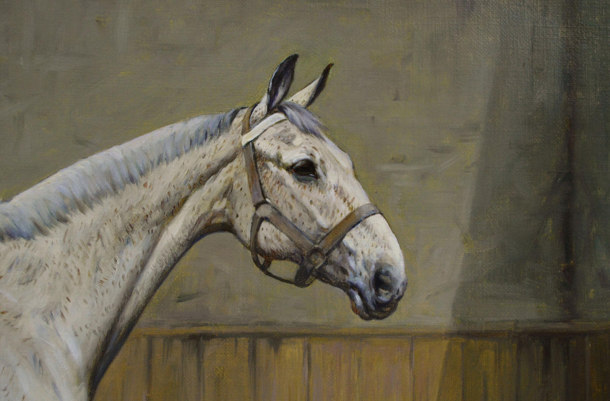 Pferdeporträt Ölgemälde eines Schimmels mit Flohbiss in einem Stall (Braun), Animal Painting, von George Wright 