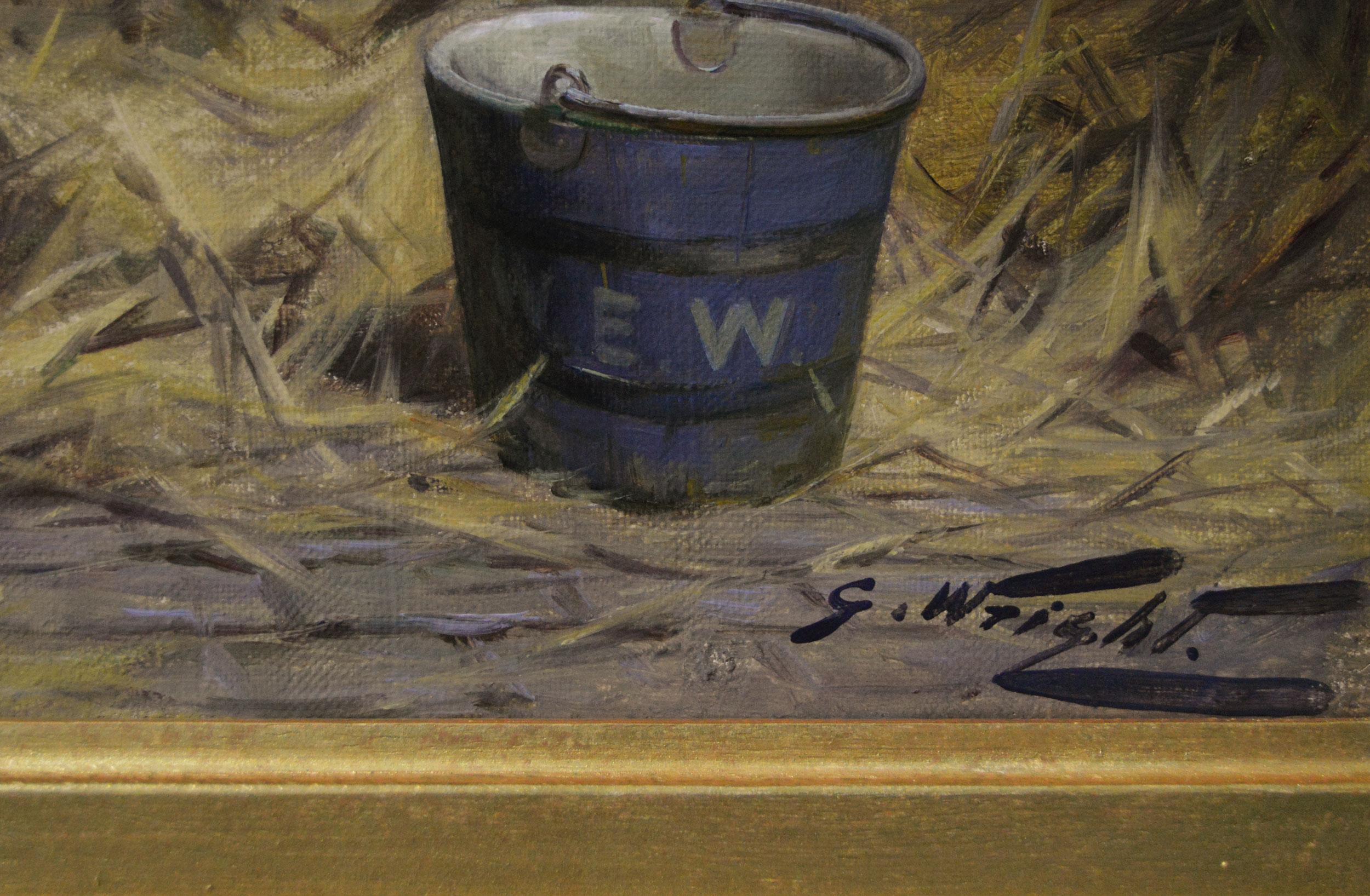 George Wright 
Britisch, (1860-1944)
Geflüchtetes Schimmelpferd im Stall
Öl auf Leinwand, signiert, altes Label verso
Bildgröße: 15,5 Zoll x 21,25 Zoll 
Größe einschließlich Rahmen: 22,75 Zoll x 28,5 Zoll

Ein hübsches sportliches Pferdeporträt