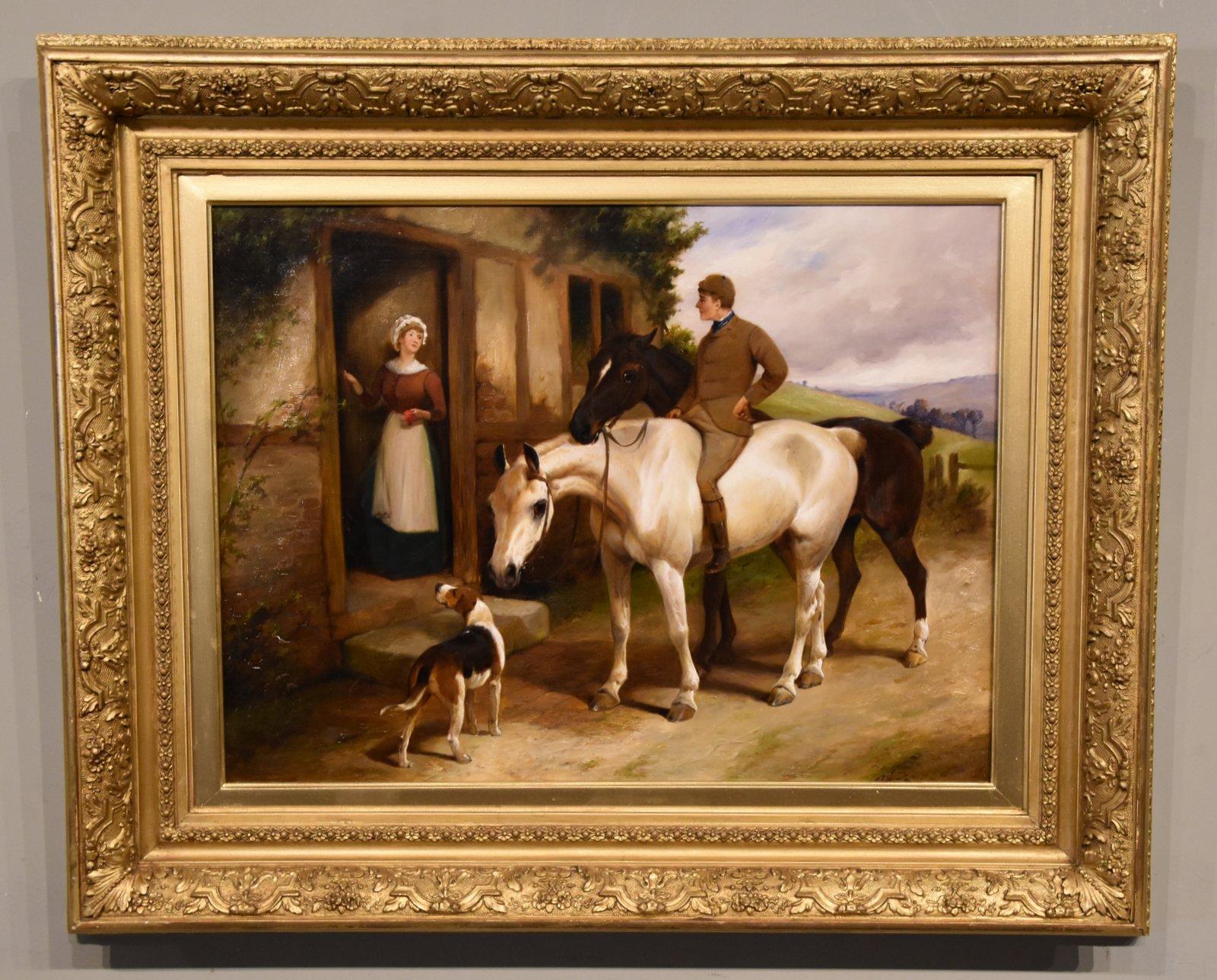 Peinture à l'huile de George Wright "The Cottage Door" 1860- 1942 Peintre de premier plan de scènes équestres, il a exposé à la Royal Academy et nombre de ses œuvres ont été reproduites dans des livres et des estampes. Huile sur toile, signée et