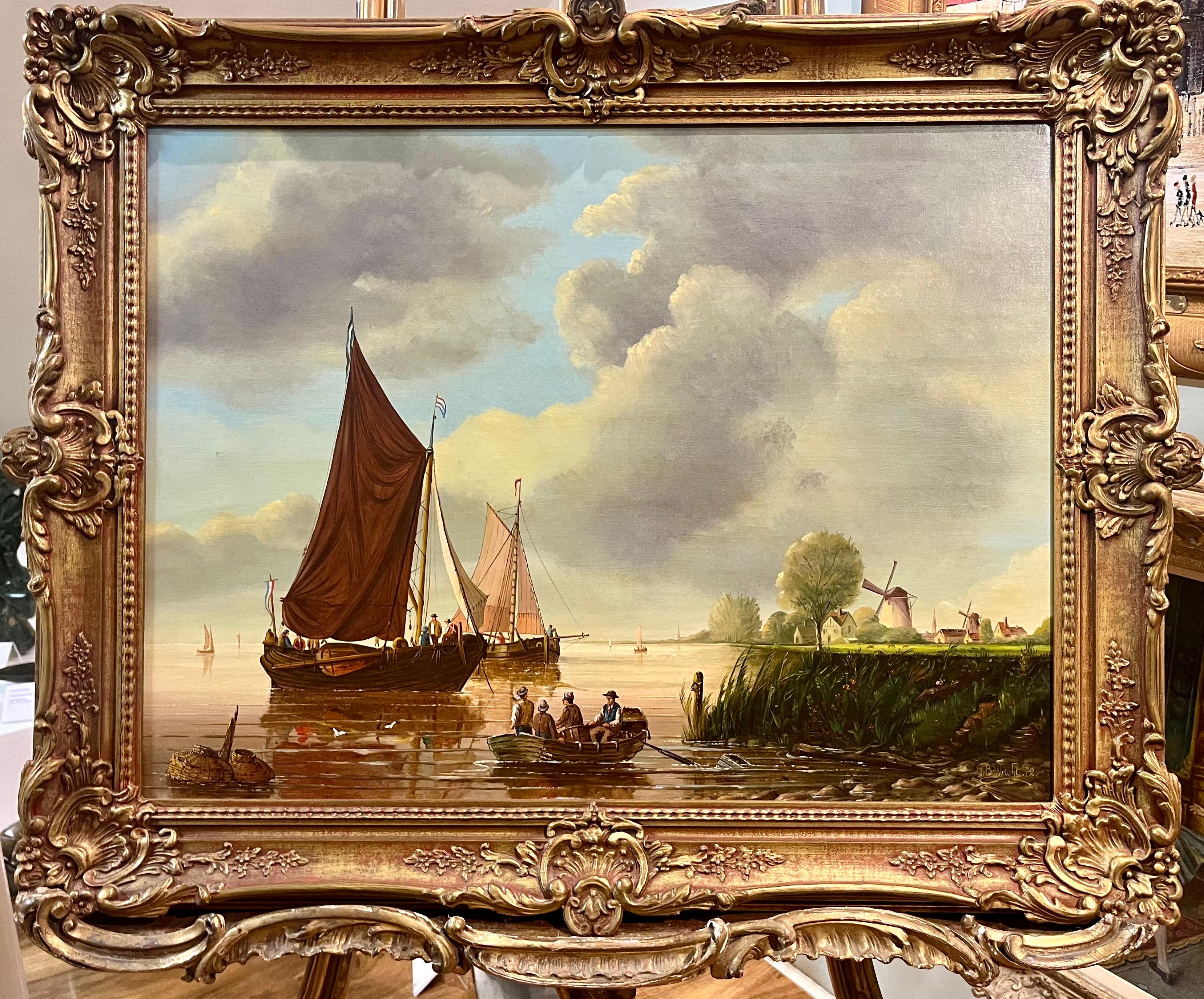 PITTURA AD OLIO DI UN VECCHIO MAESTRO DI ALTA QUALITÀ DEL 19° SECOLO Mari calmi Cornice dorata