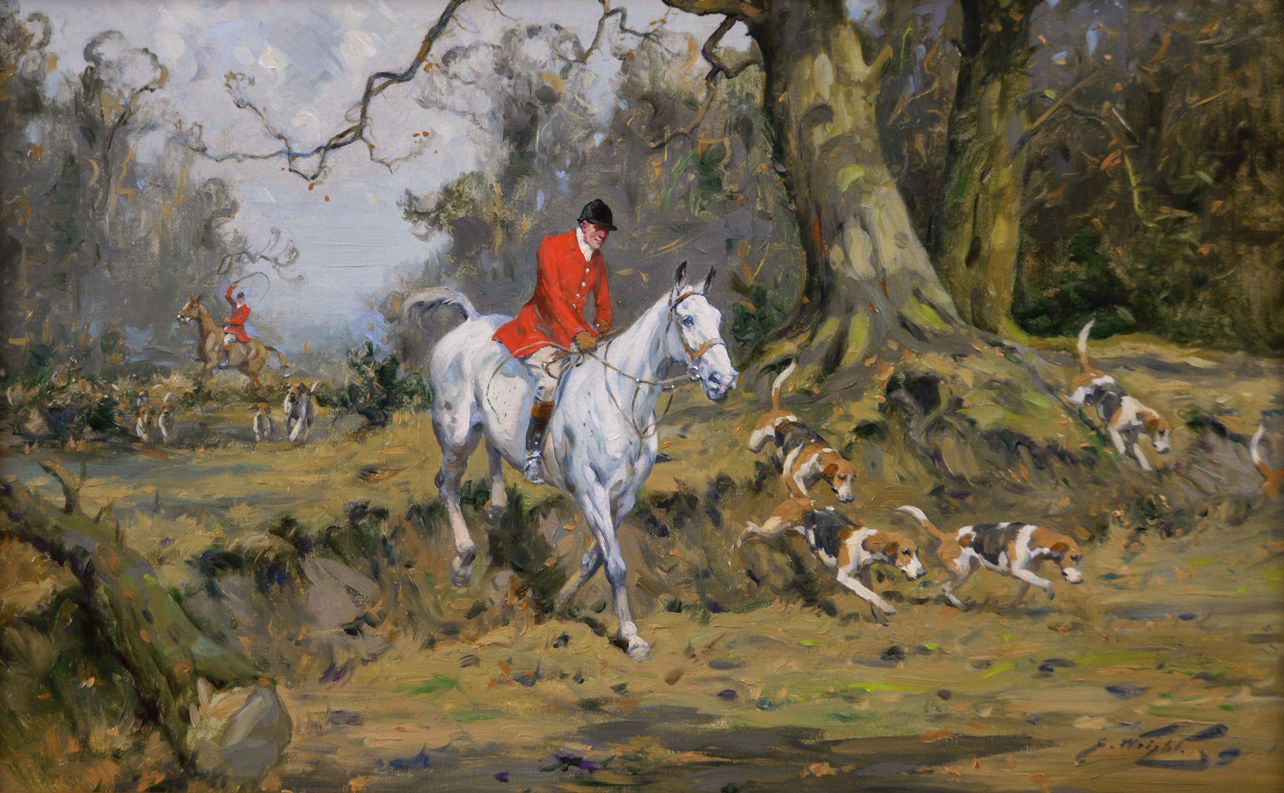 Sporting oil painting of horses & hounds hunting - Painting by George Wright 