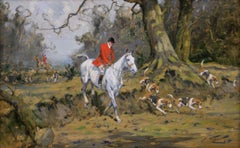Sporting oil painting of horses & hounds hunting