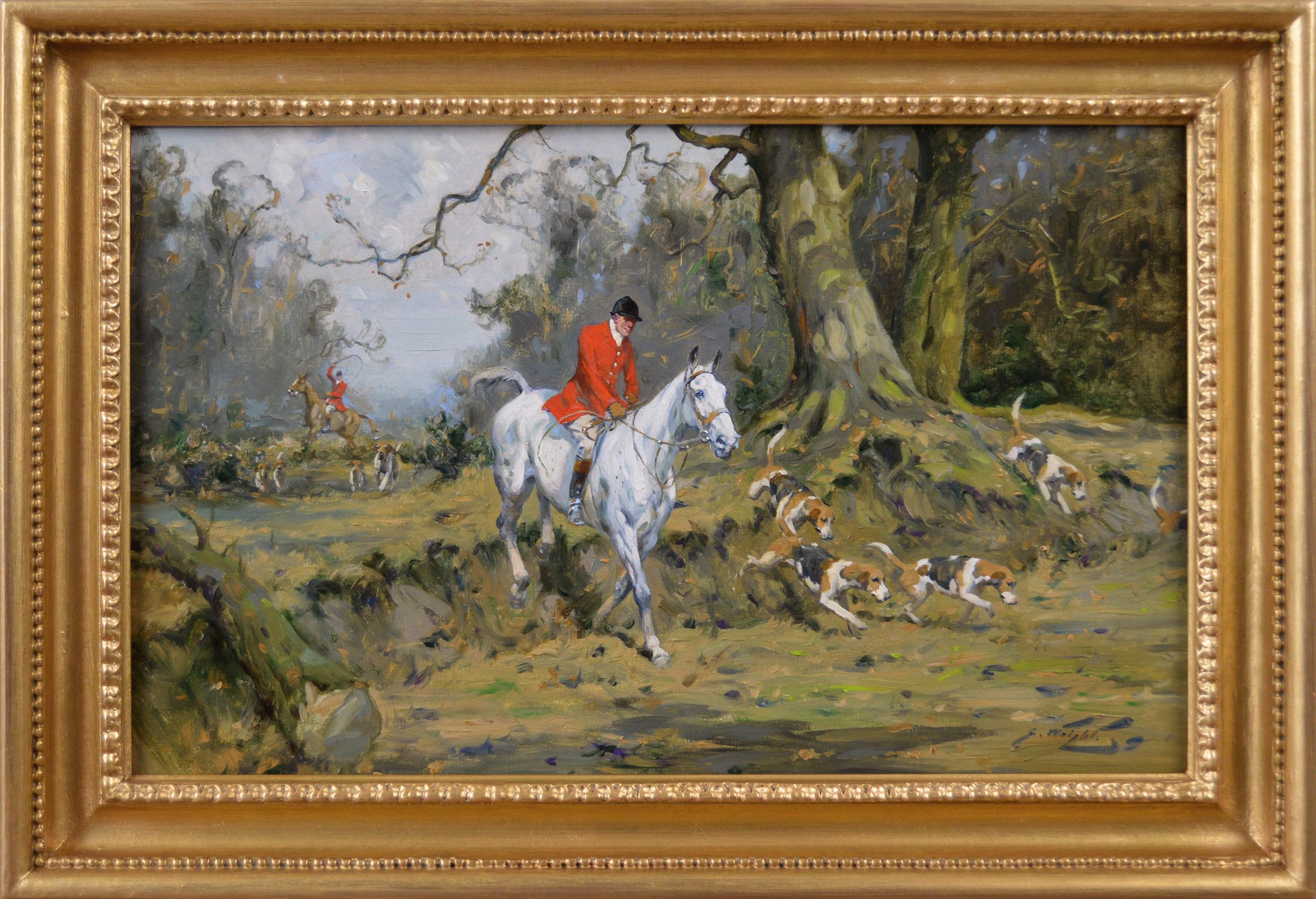 Sporting oil painting of horses & hounds hunting 