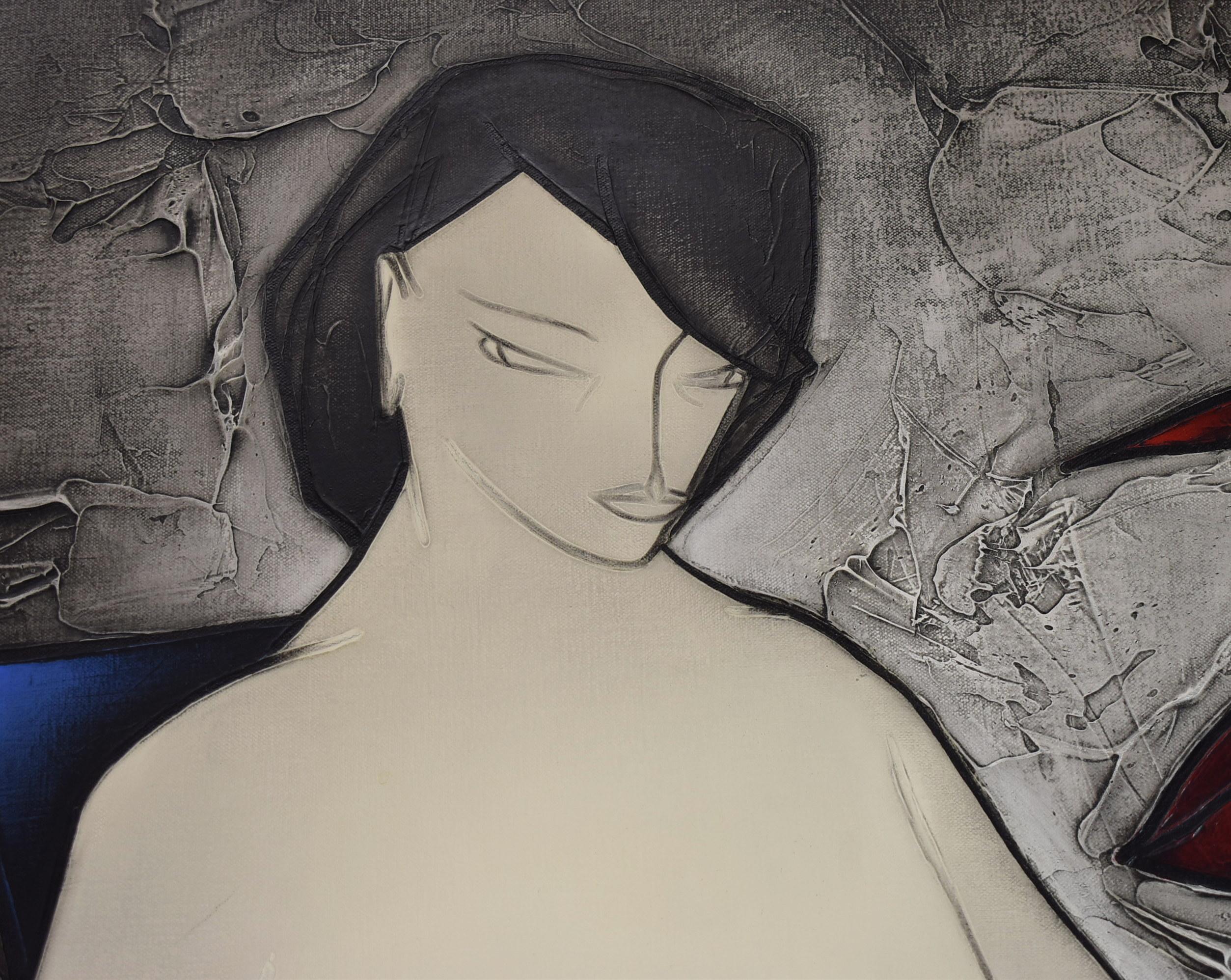 Pintura modernista de desnudo femenino de George Yatrides (n. 1931), óleo sobre lienzo, pintura de textura gruesa, grandes colores, excelente estado, c 1964. Medidas: Imagen: 28,5