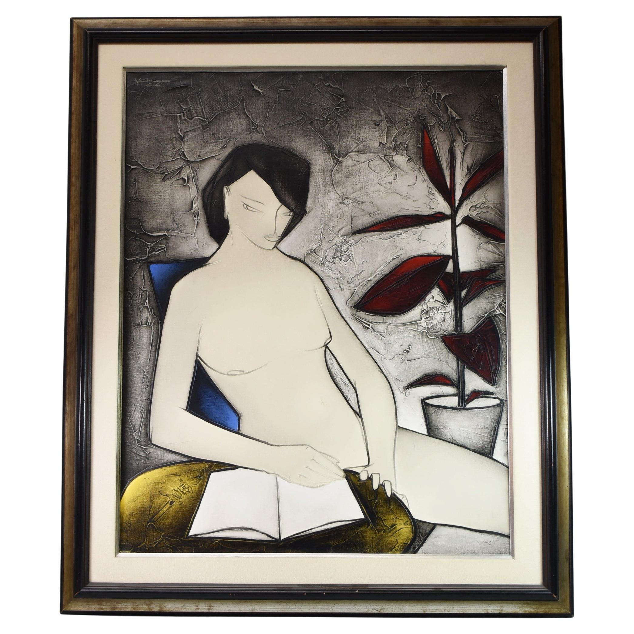 Modernistisches Gemälde der französischen Künstlerin George Yatrides, weiblicher Akt, um 1964