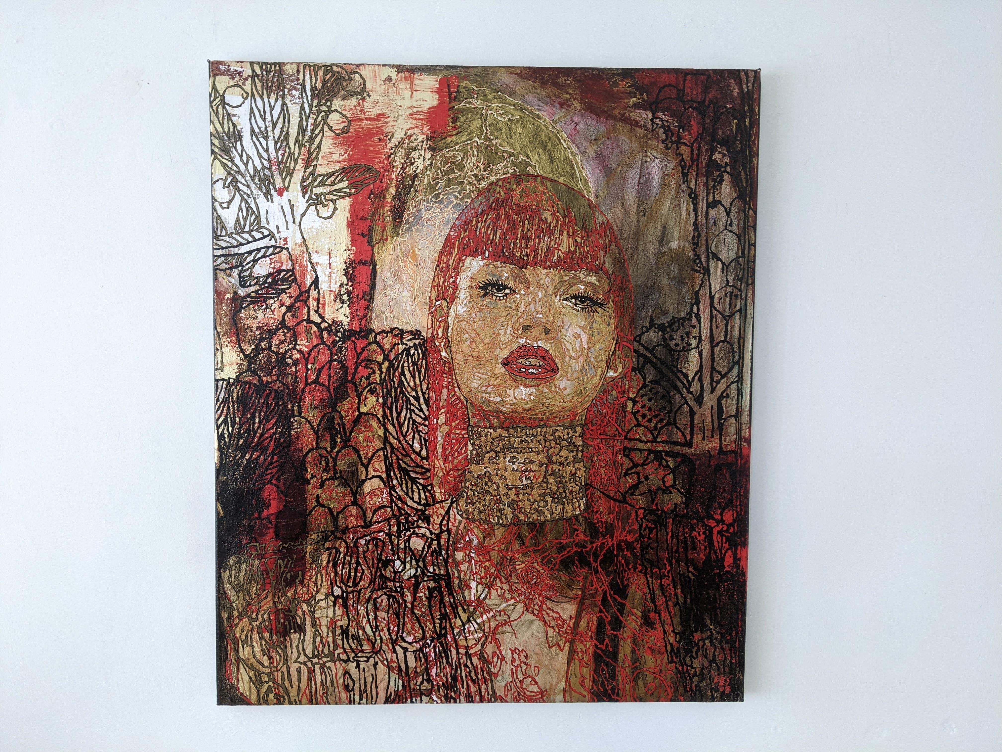 Painting, Textured, Red, Gold, Bold, Face, Expressive - Judith by George Yepes For Sale 4