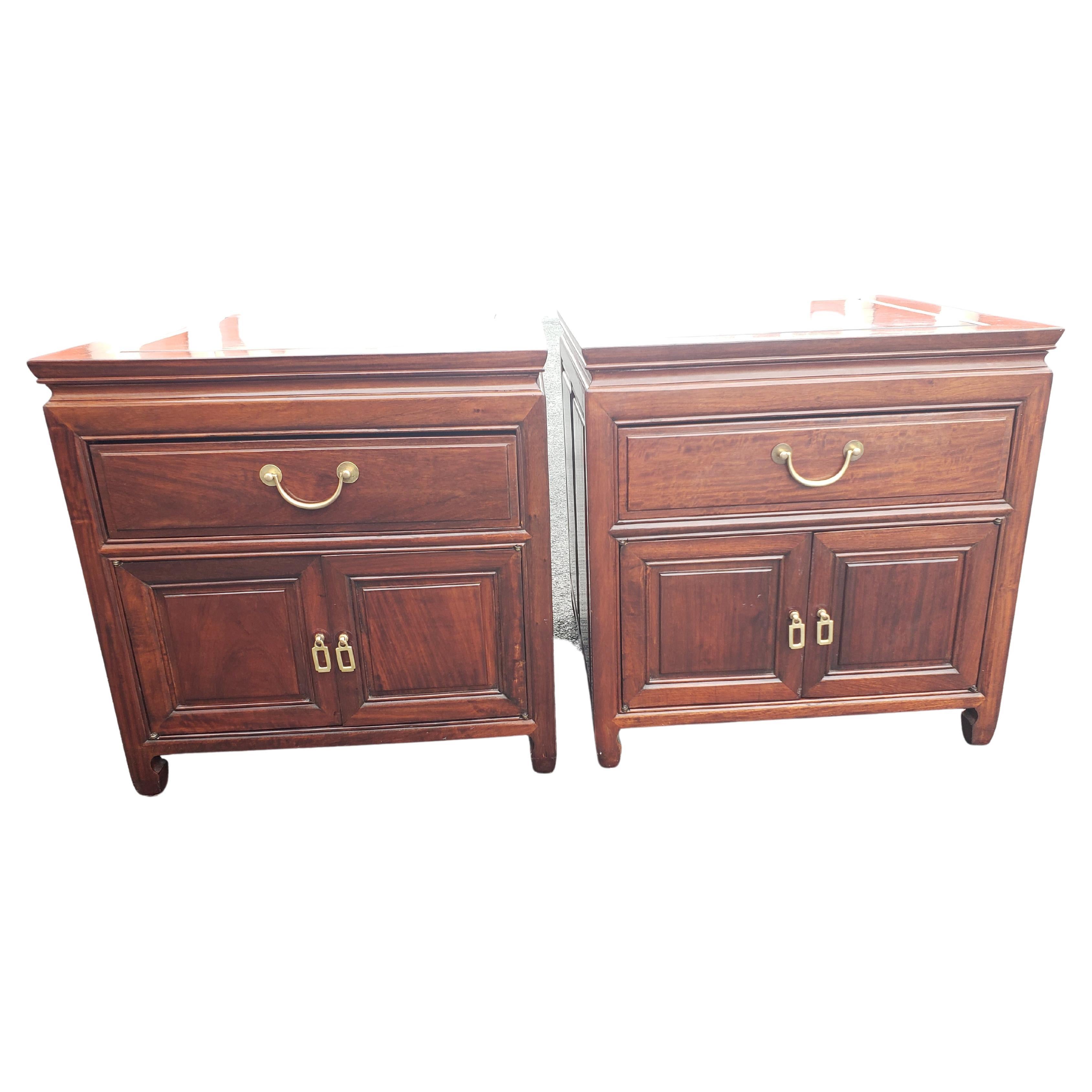 Perfectly handcrafted George Zee attributed Asian American Chippendale Rosewood side tables cabinets. 1 top dovetailed rosewood drawer finished inside out sliding perfectly. Very good vintage condition with very few signs of previous use. Heavy