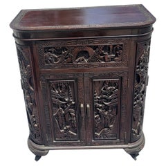 George Zee Mid Century Asian Heavily Hand Carved Flip Top Dry Bar Cabinet