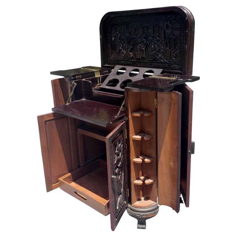 Zee Mid Century Asian Heavily Hand Carved Flip Top Dry Bar