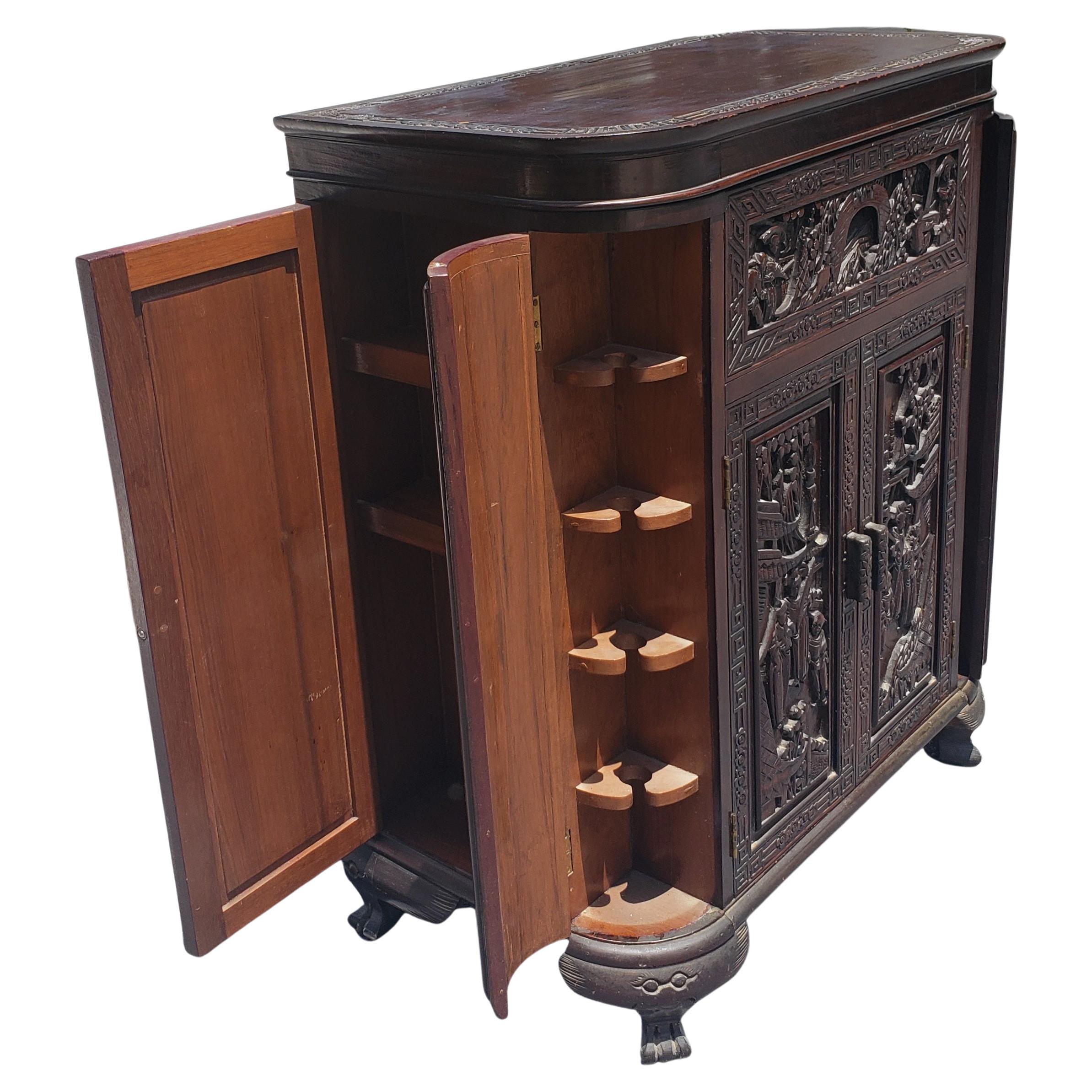 Hand-Carved George Zee Mid Century Asian Heavily Hand Carved Flip Top Dry Bar Cabinet