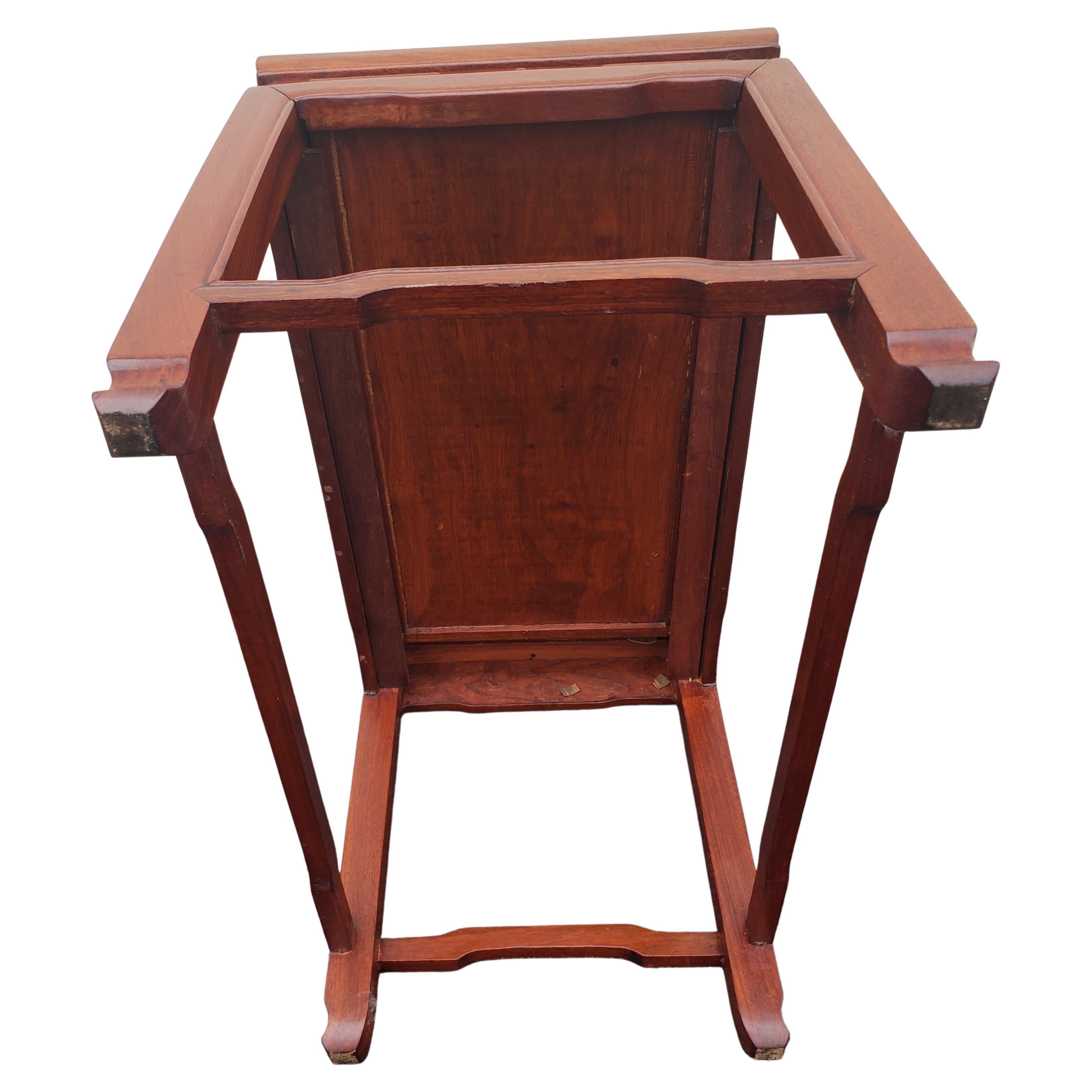 George Zee Ming Style Carved Rosewood One Drawer 2 Tier End Tables, Circa 1960s 1
