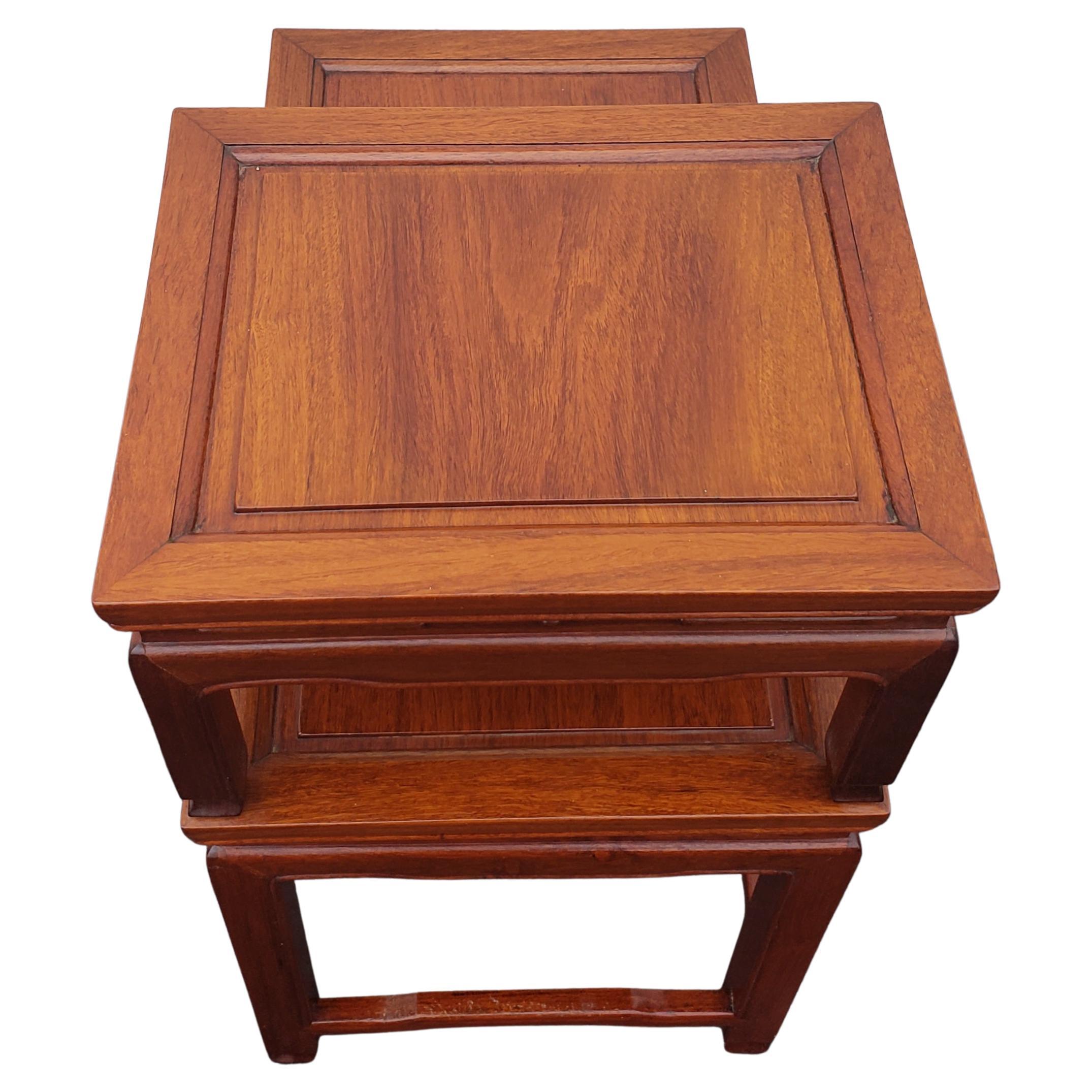 George Zee Ming Style Carved Rosewood One Drawer 2 Tier End Tables, Circa 1960s 2