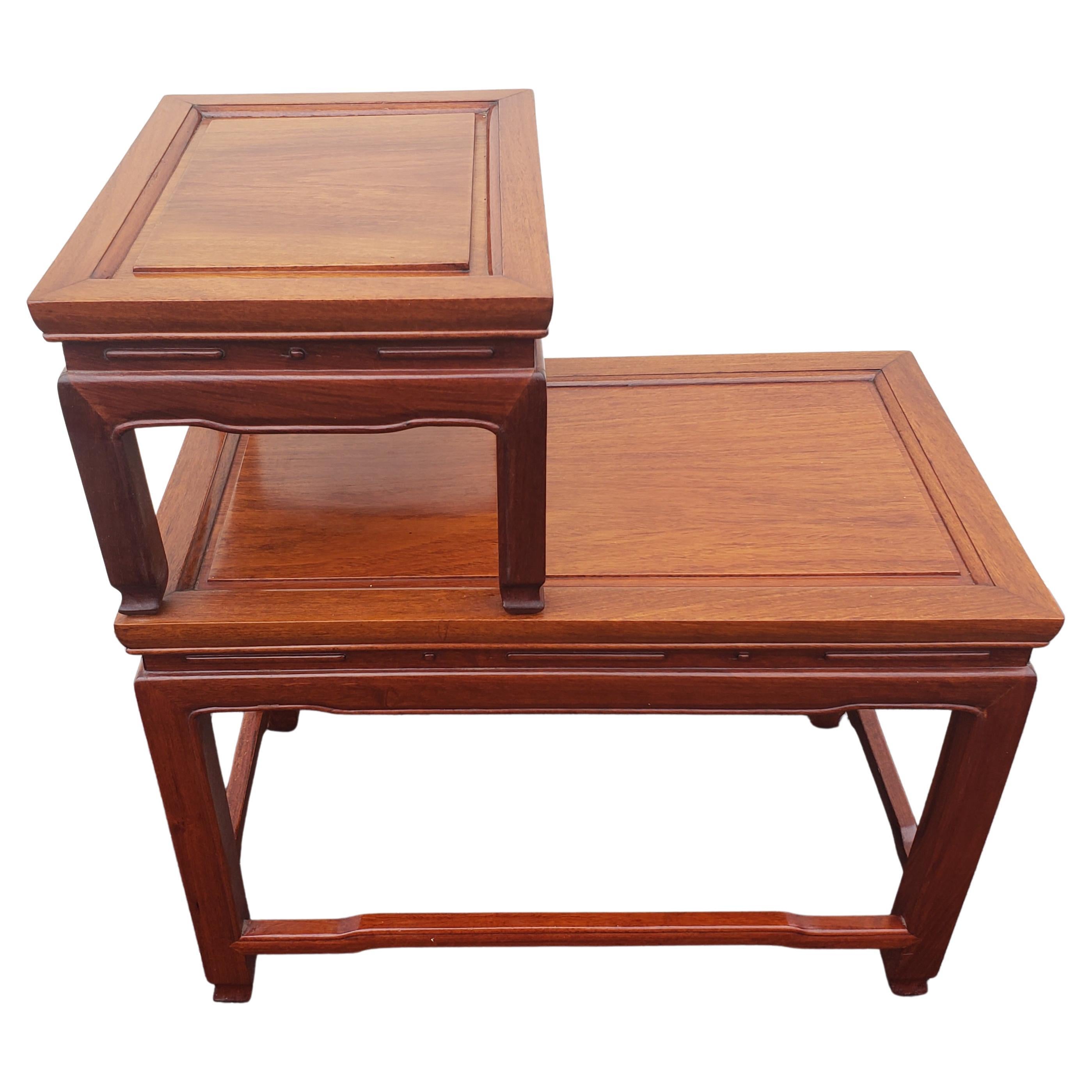 Hong Kong George Zee Ming Style Carved Rosewood One Drawer 2 Tier End Tables, Circa 1960s