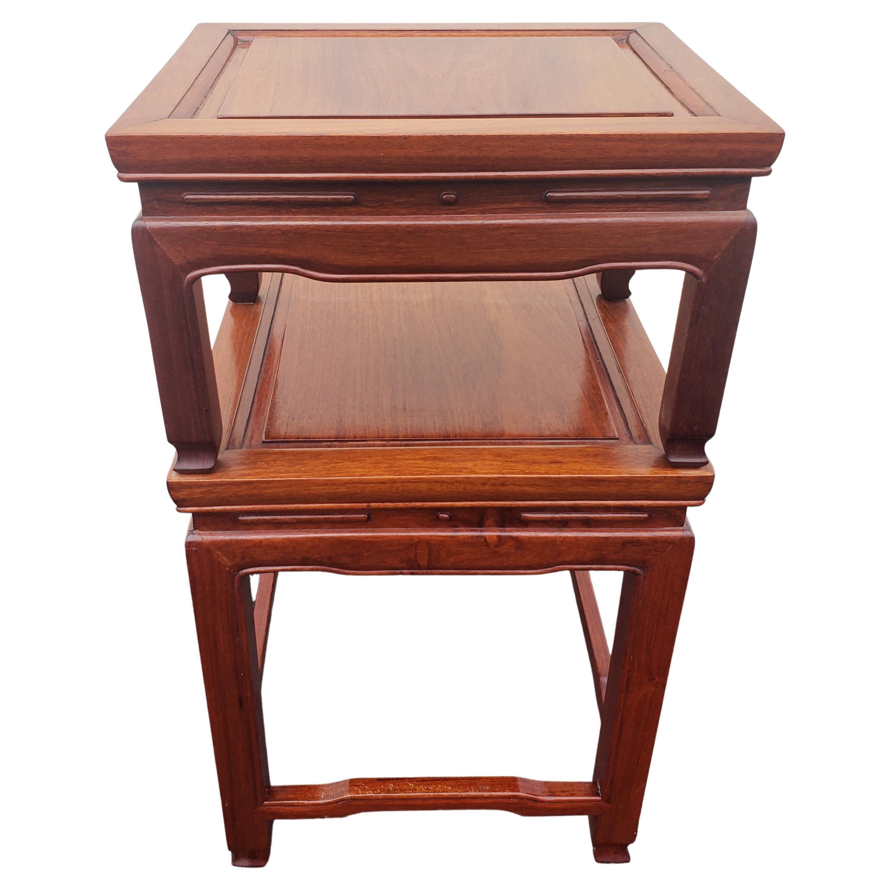Woodwork George Zee Ming Style Carved Rosewood One Drawer 2 Tier End Tables, Circa 1960s