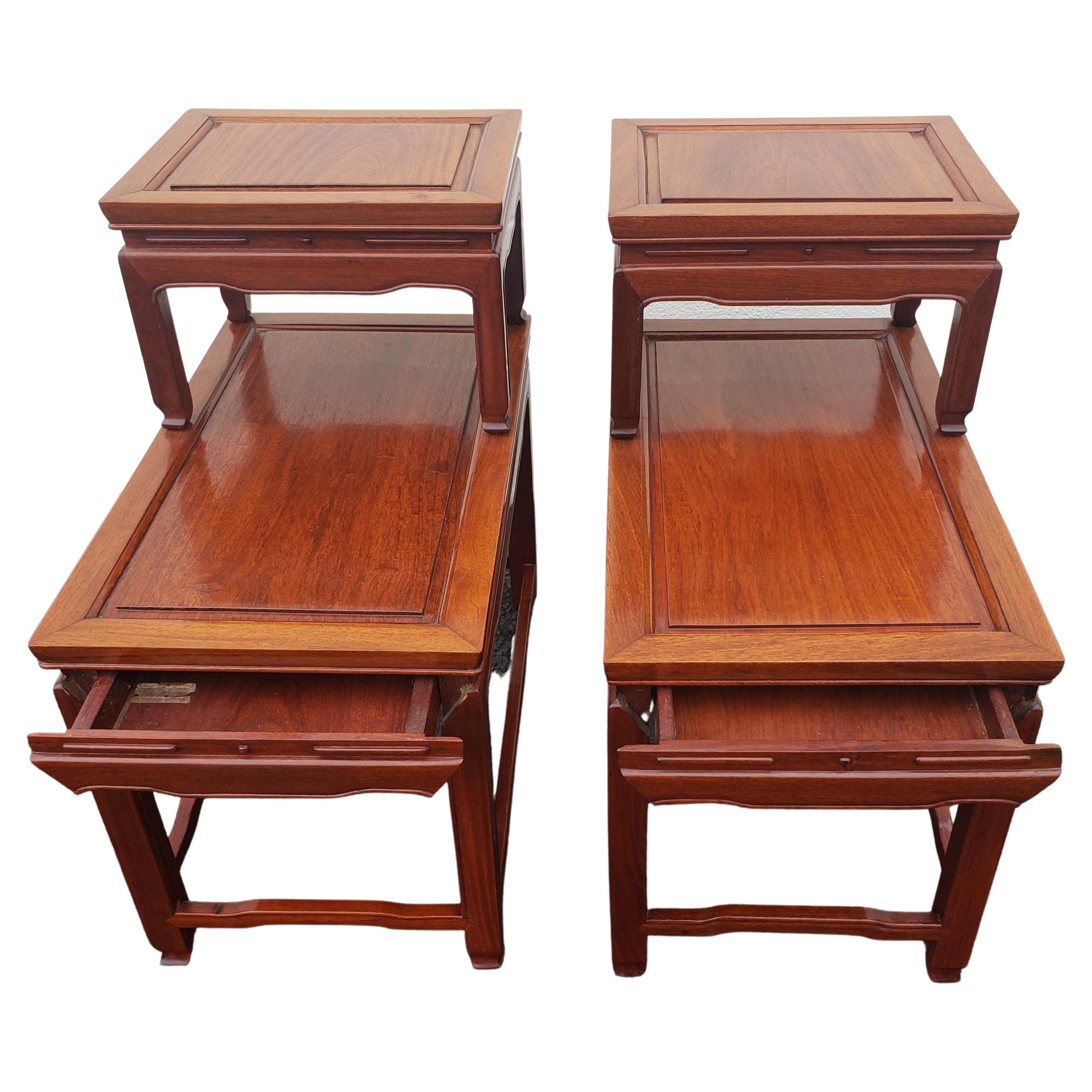 George Zee Ming Style Carved Rosewood One Drawer 2 Tier End Tables, Circa 1960s In Good Condition In Germantown, MD