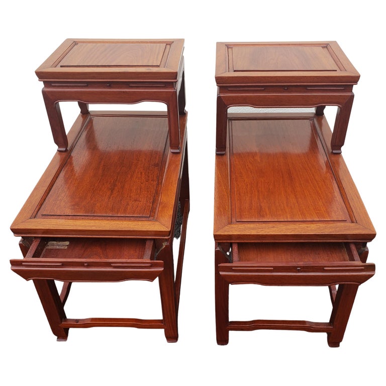 Zee Ming Style Carved Rosewood One Drawer 2 Tier End Tables