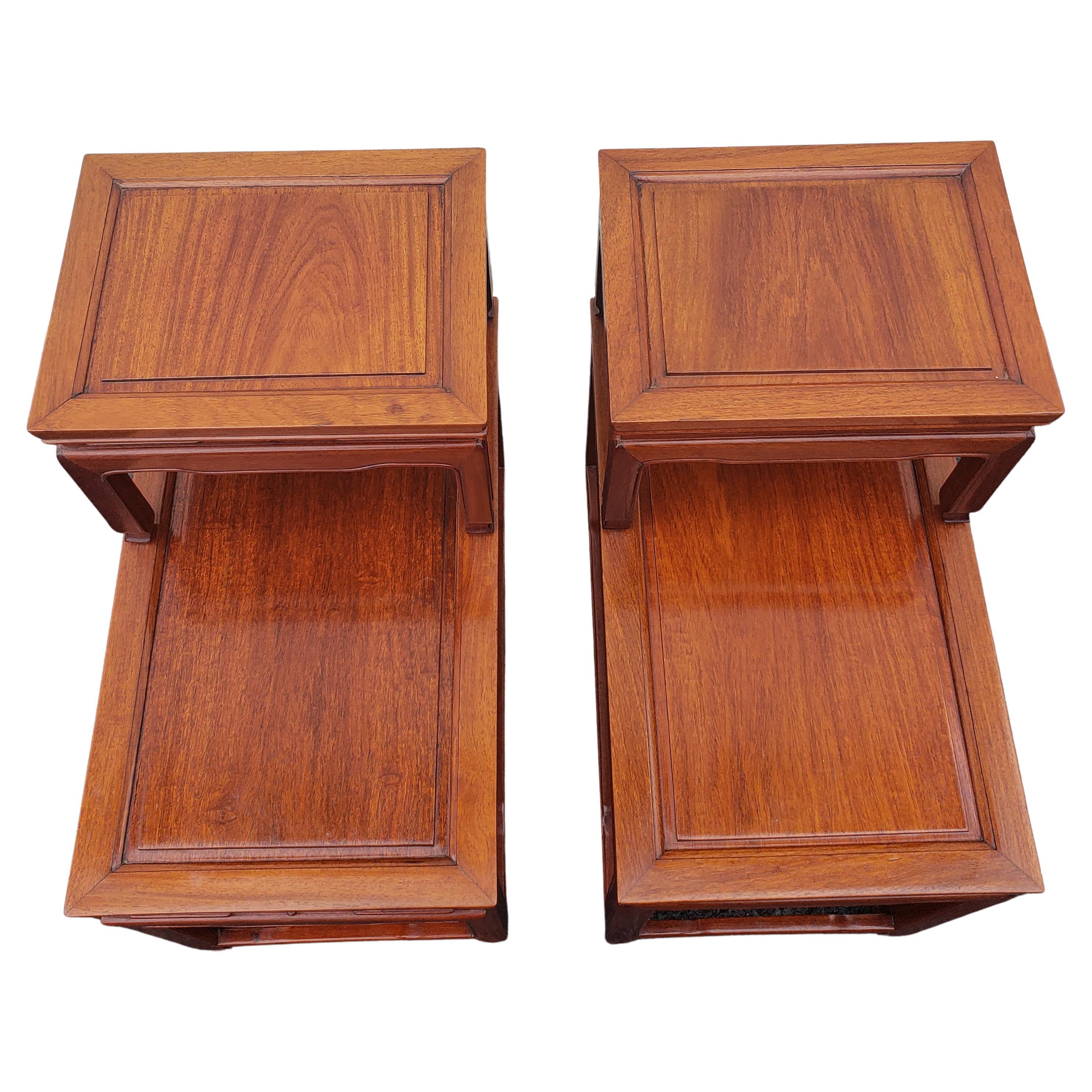 20th Century George Zee Ming Style Carved Rosewood One Drawer 2 Tier End Tables, Circa 1960s