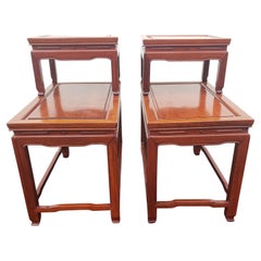 George Zee Ming Style Carved Rosewood One Drawer 2 Tier End Tables, Circa 1960s
