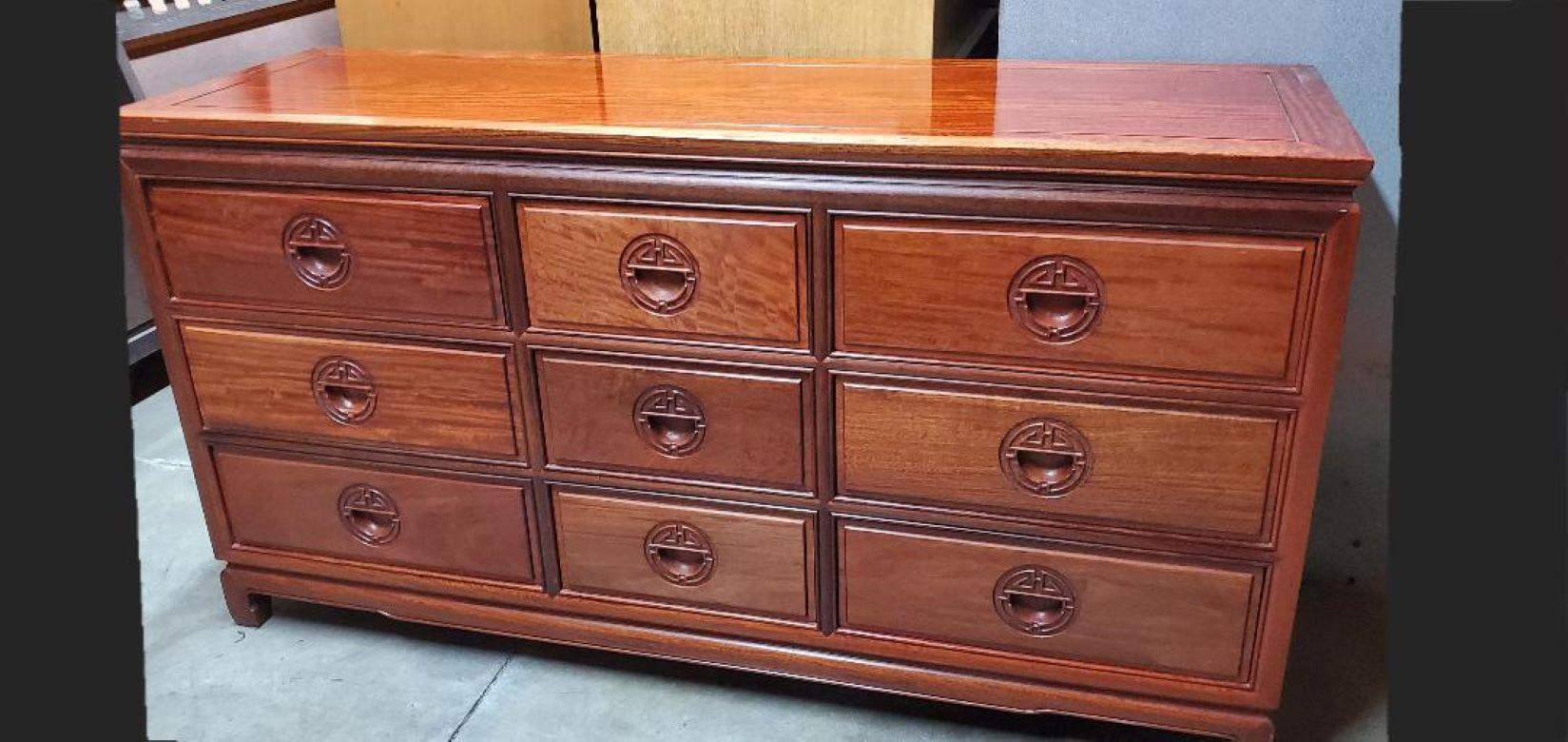 George Zee Rosewood Long Dresser With Glass Hutch And Matching Rosewood Tall Boy For Sale 8