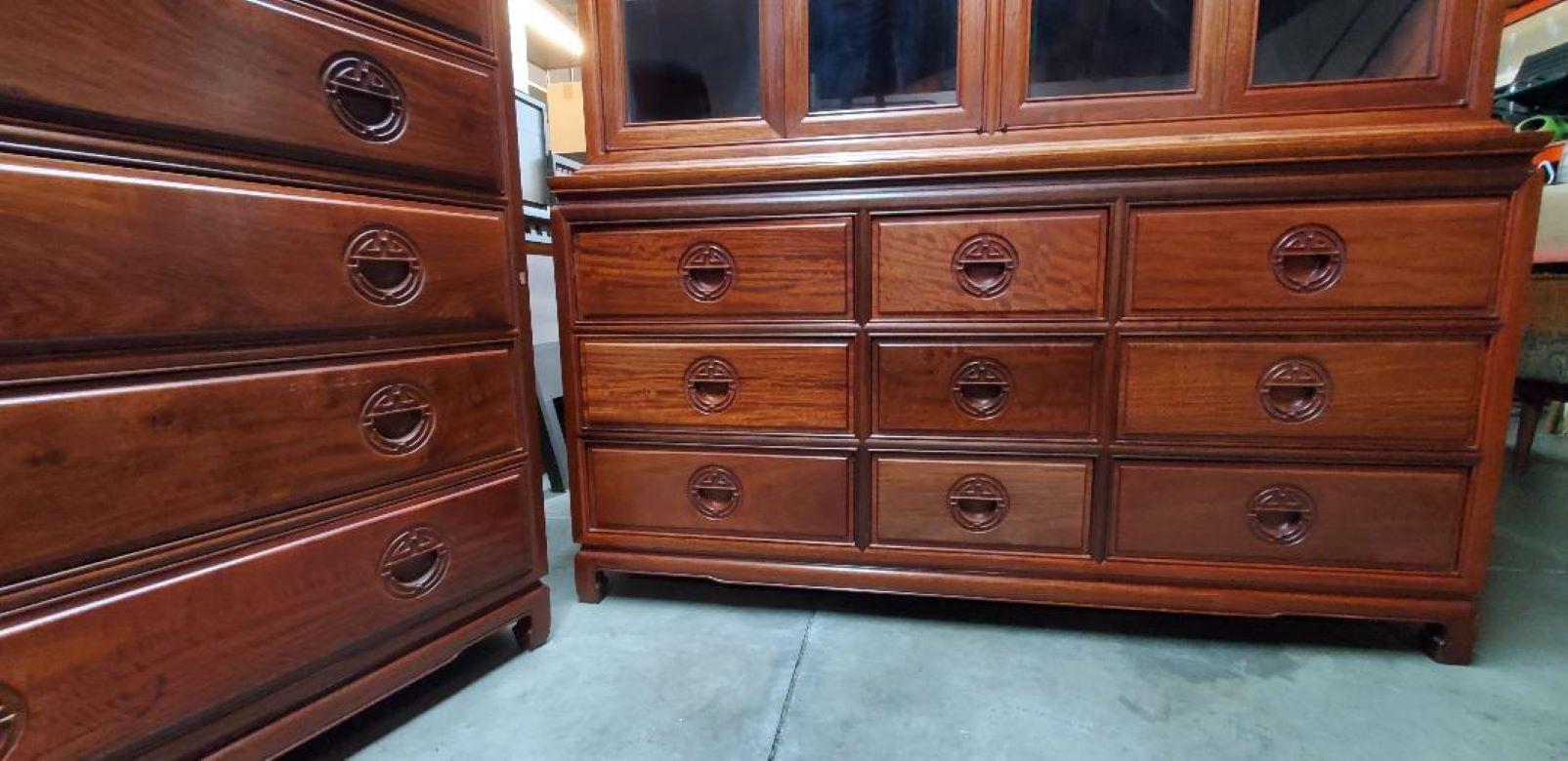 George Zee Rosewood Long Dresser With Glass Hutch And Matching Rosewood Tall Boy For Sale 10