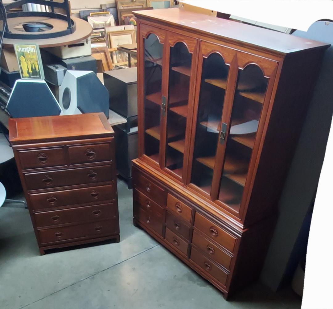 George Zee Rosewood Long Dresser With Glass Hutch And Matching Rosewood Tall Boy For Sale 13