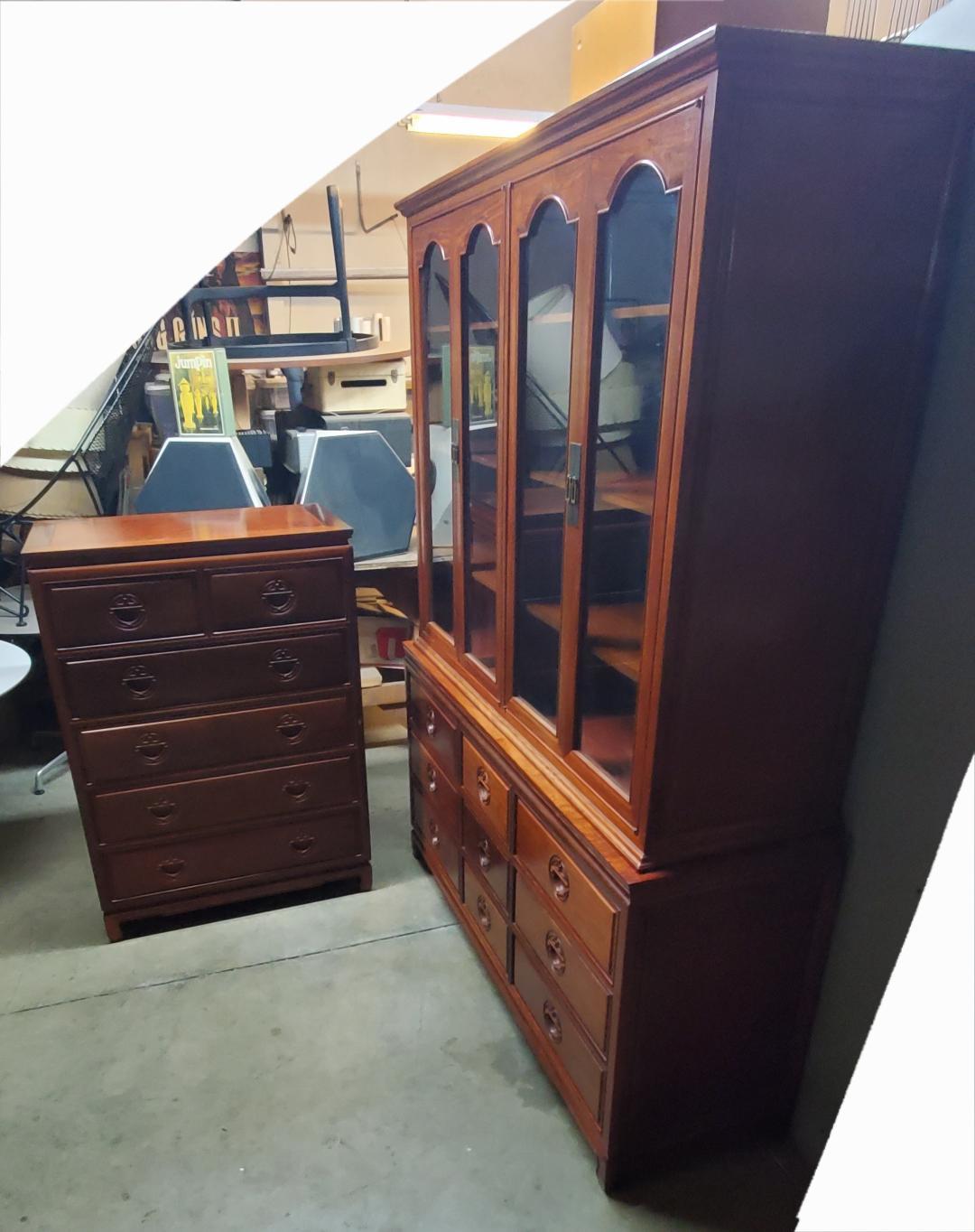 Beautiful Rosewood 9 Drawer Long Dresser, Rosewood Hutch With 8 Shelves And 4 Glass Doors With Brass Pulls And A Rosewood 6 Drawer Tall Boy. 
The George Zee Rosewood Long Dresser Has 9 Pull Out Drawers With Stunning Hand Carved Chinoiserie Style