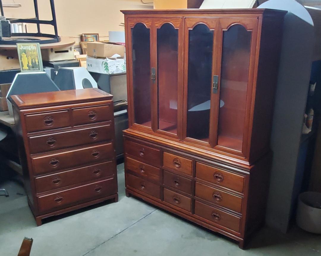 George Zee Rosewood Long Dresser With Glass Hutch And Matching Rosewood Tall Boy For Sale 14