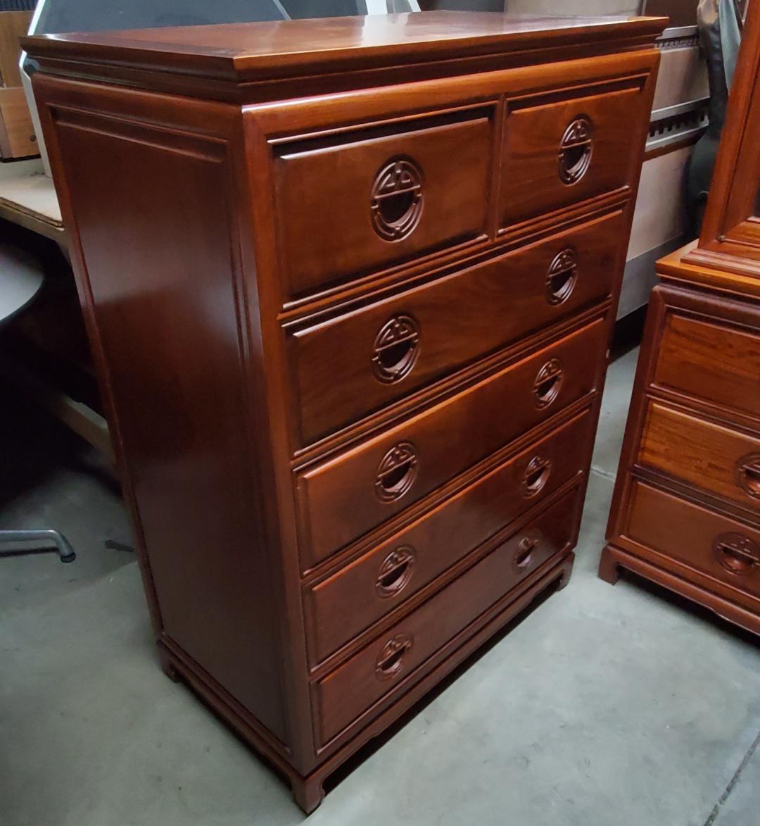 Hong Kong George Zee Rosewood Long Dresser With Glass Hutch And Matching Rosewood Tall Boy For Sale
