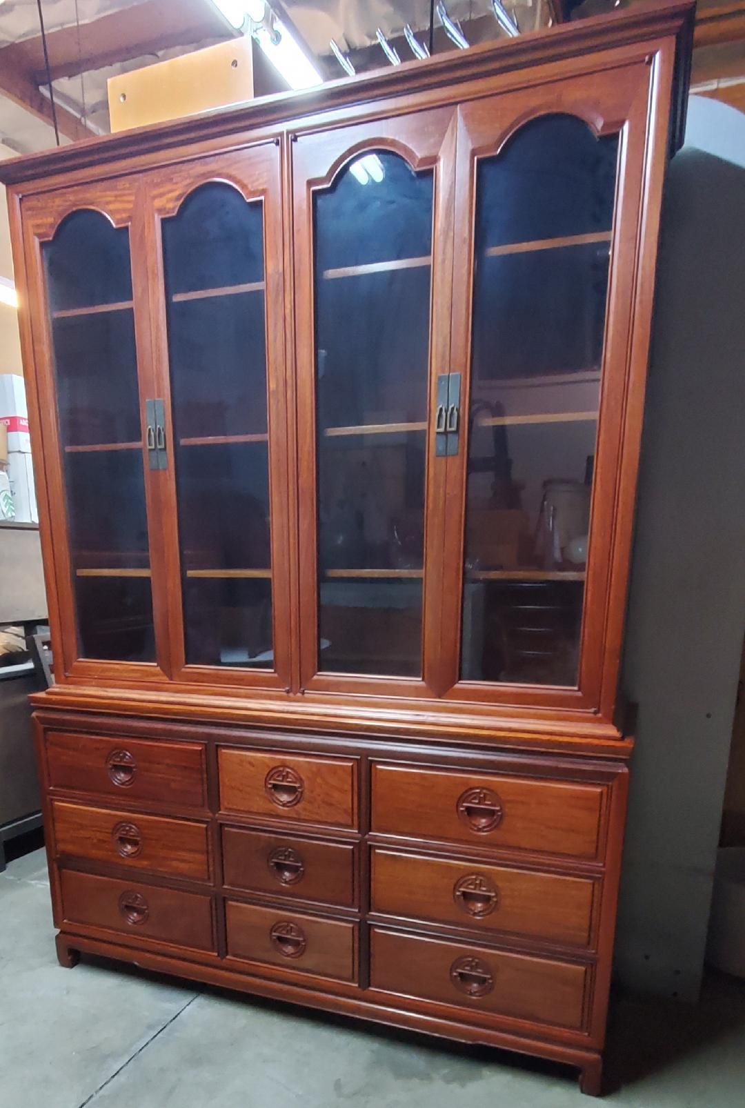 George Zee Rosewood Long Dresser With Glass Hutch And Matching Rosewood Tall Boy In Good Condition For Sale In Monrovia, CA