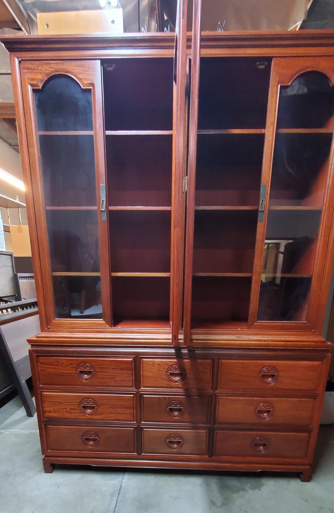 20th Century George Zee Rosewood Long Dresser With Glass Hutch And Matching Rosewood Tall Boy For Sale