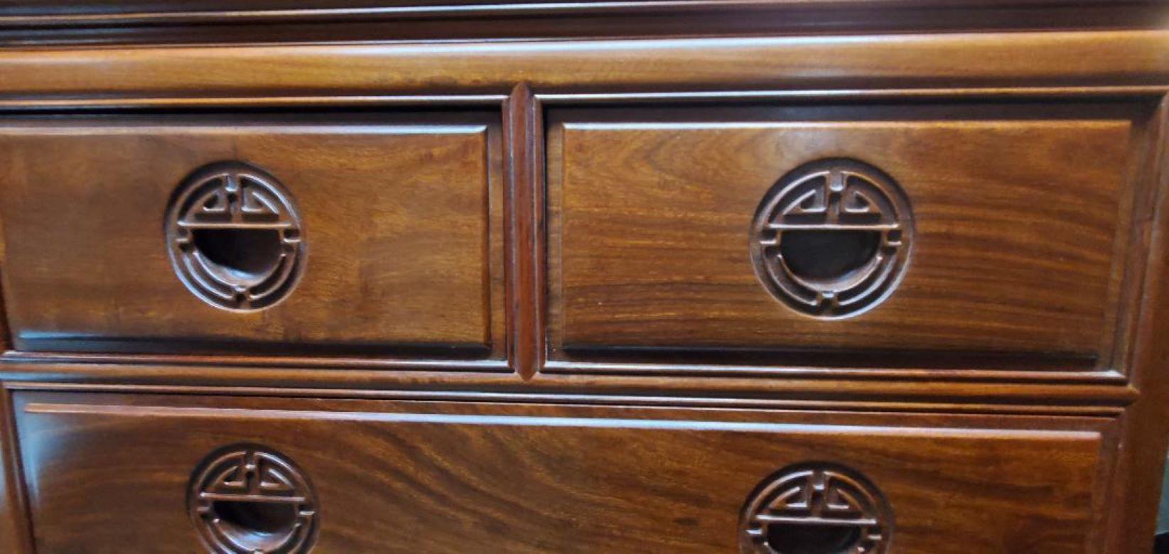 George Zee Rosewood Long Dresser With Glass Hutch And Matching Rosewood Tall Boy For Sale 1