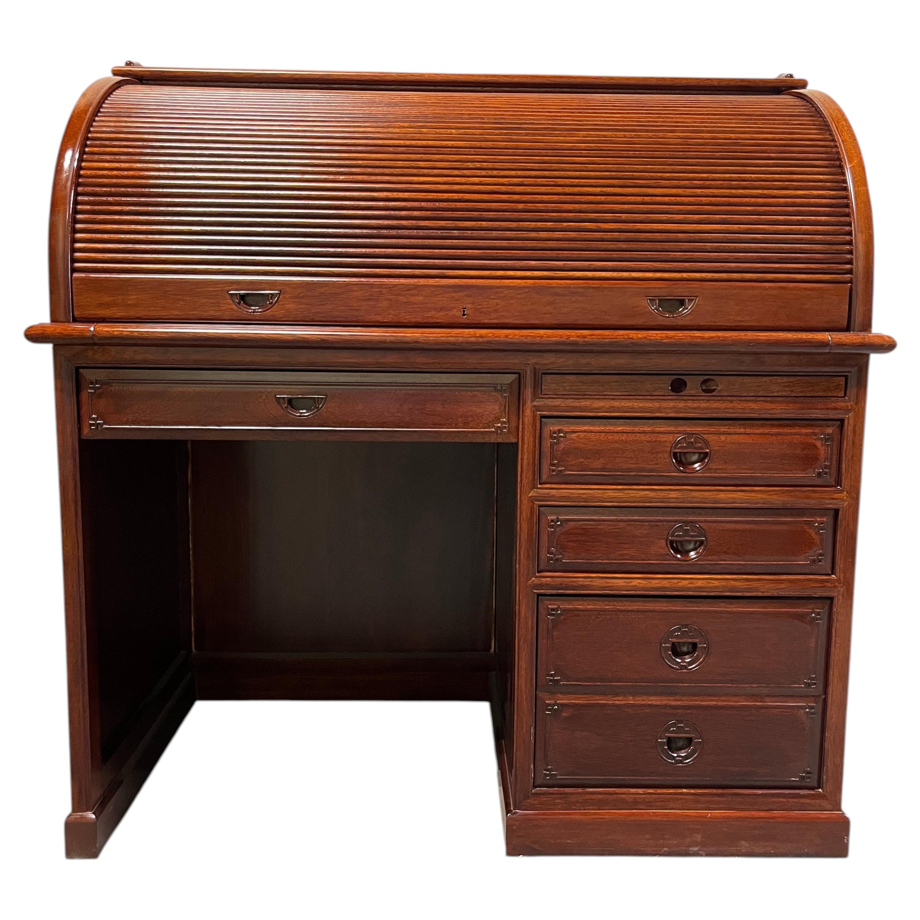 George Zee Style Roll Top Desk, Antique Wood, Vintage Design, USA