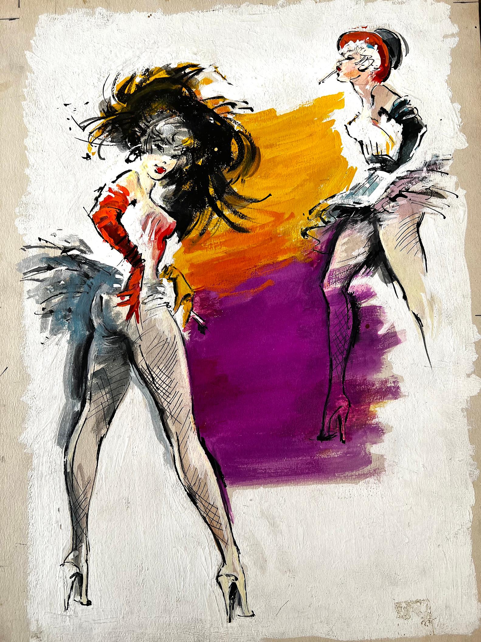 Sexy French Cabaret Dancers - Folies Bergere  Pulp Paperback Book Cover - Painting by George Ziel
